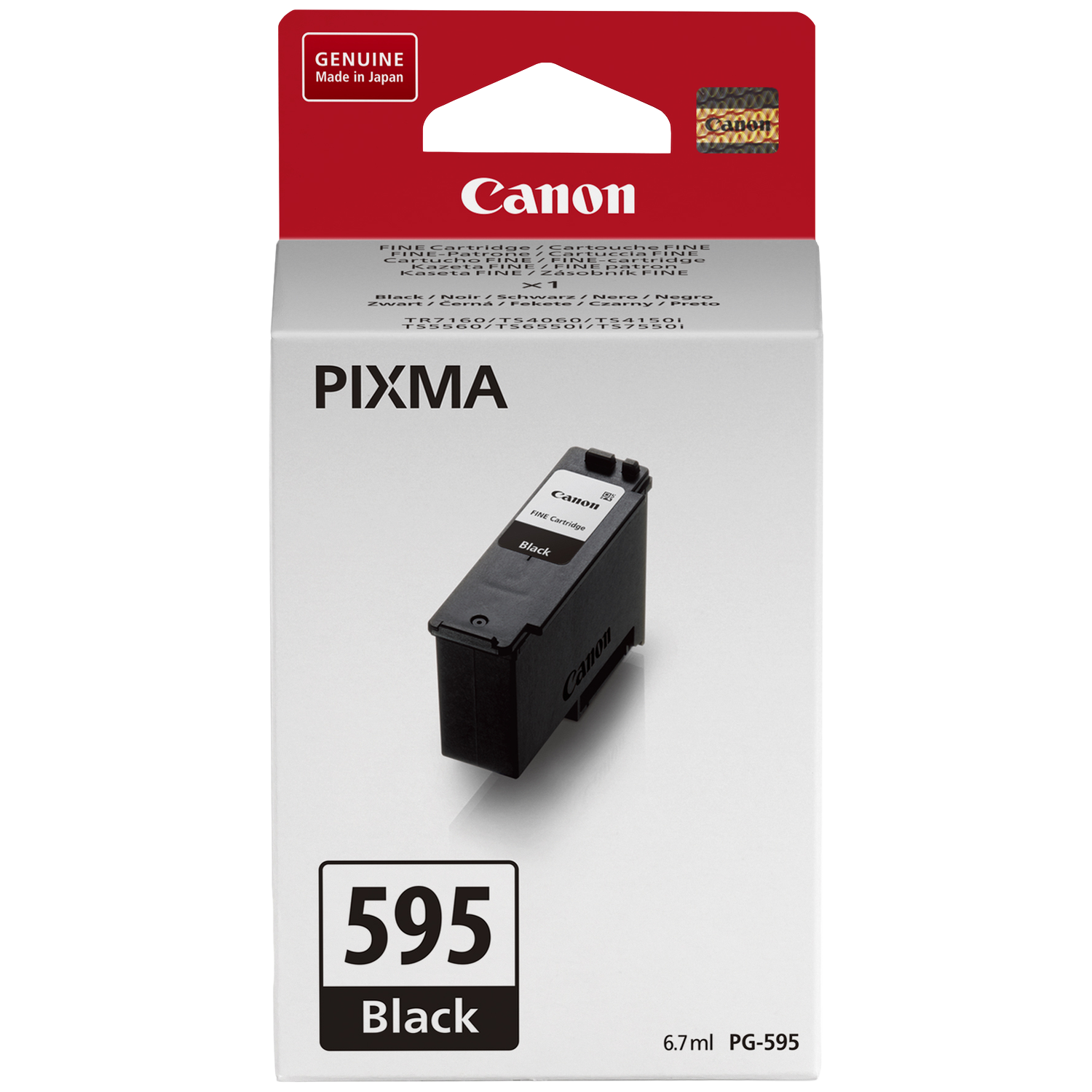 Een Canon inktcartridge doos. De doos is wit met zwarte tekst en afbeeldingen, en er wordt een zwarte inktcartridge getoond.