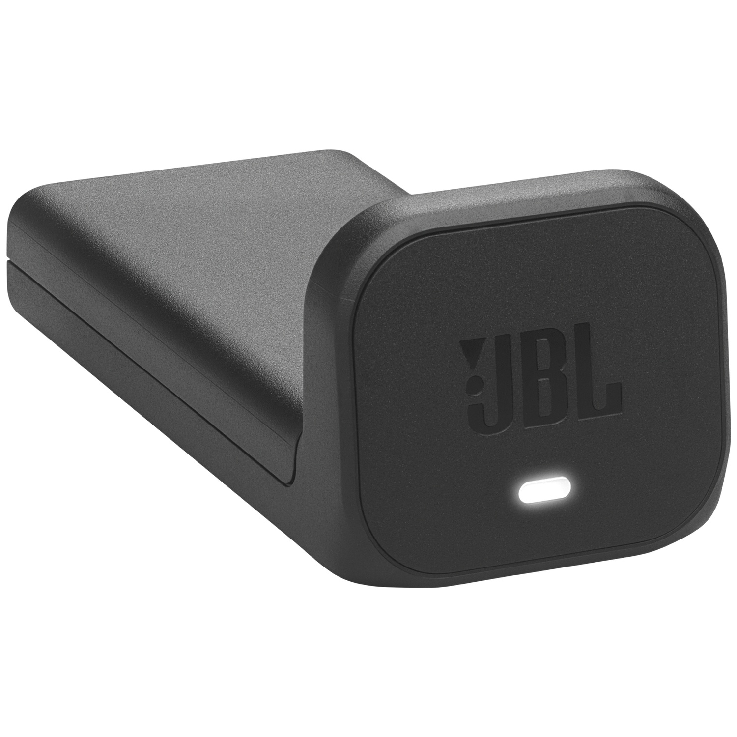 Een zwarte JBL oplaad dock met een helder wit licht. Het heeft een gebogen voorkant en een rechthoekige basis. Het JBL logo is zichtbaar.