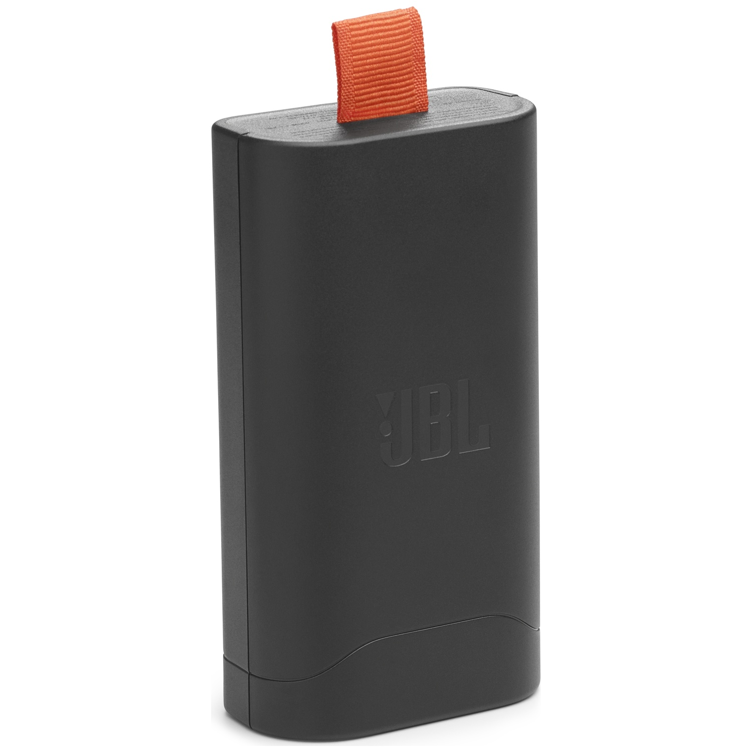 Een zwarte JBL-luidspreker met een oranje lus. Het JBL-logo is zichtbaar. De achtergrond is wit.