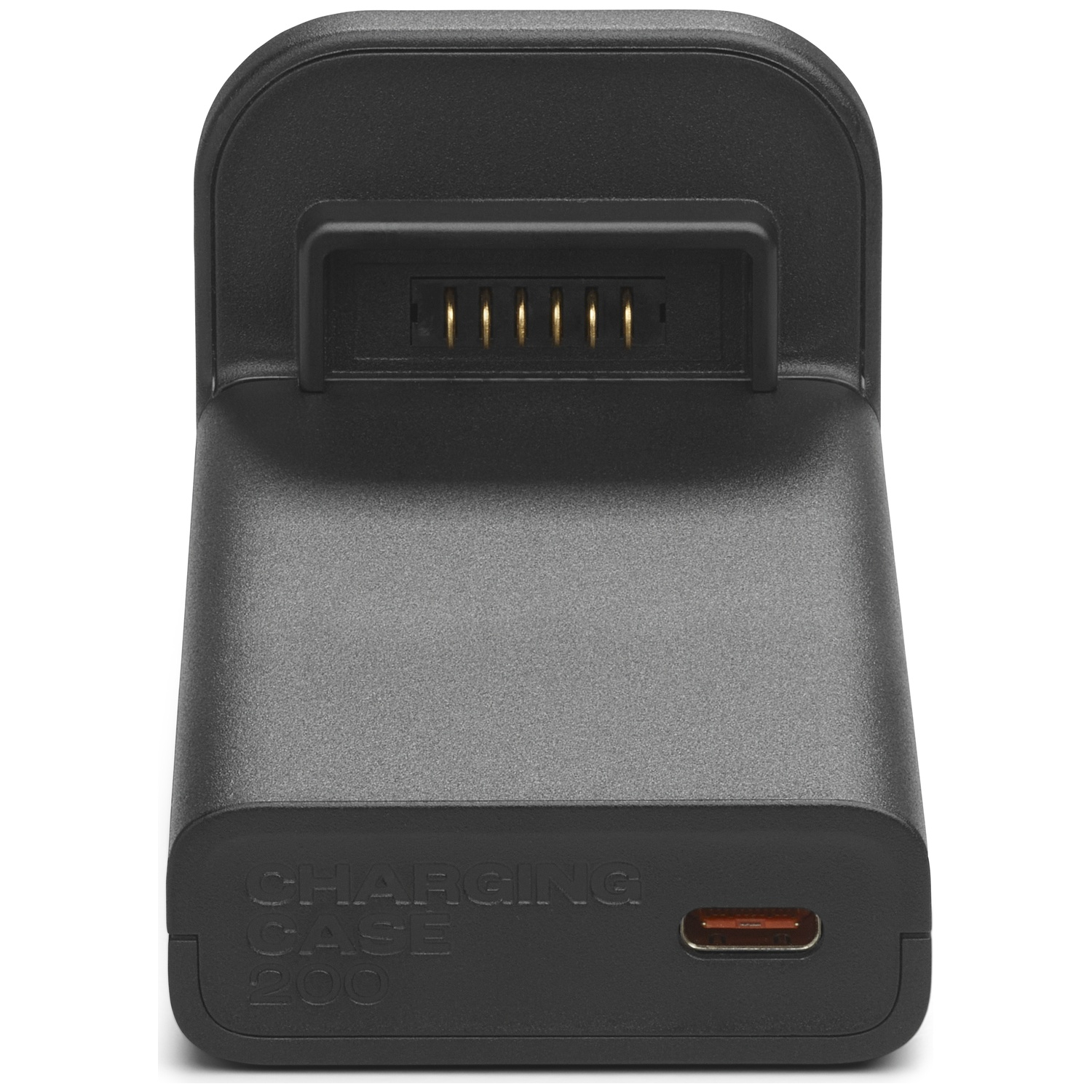 Zwarte oplaadcase met een USB-C-poort. De case heeft een sleuf voor het apparaat en de tekst "CHARGING CASE 200" is zichtbaar.