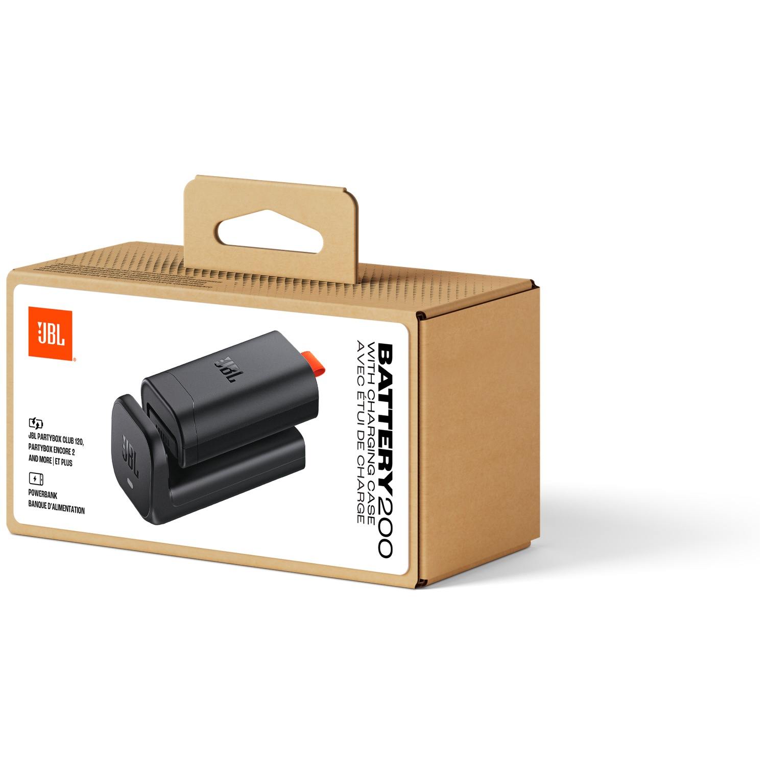 Een JBL Battery 200 doos met een zwarte batterij oplaadcase. De doos is bruin met witte etiketten en een handvat. De achtergrond is wit.