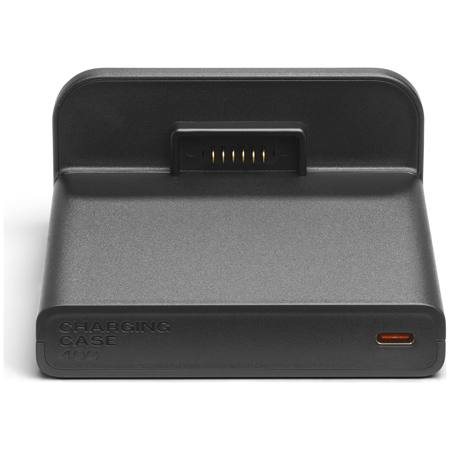 Zwarte oplaadcase met USB-C-poort. De case heeft een oplaadpoort en de woorden 'CHARGING CASE 400' zijn zichtbaar.