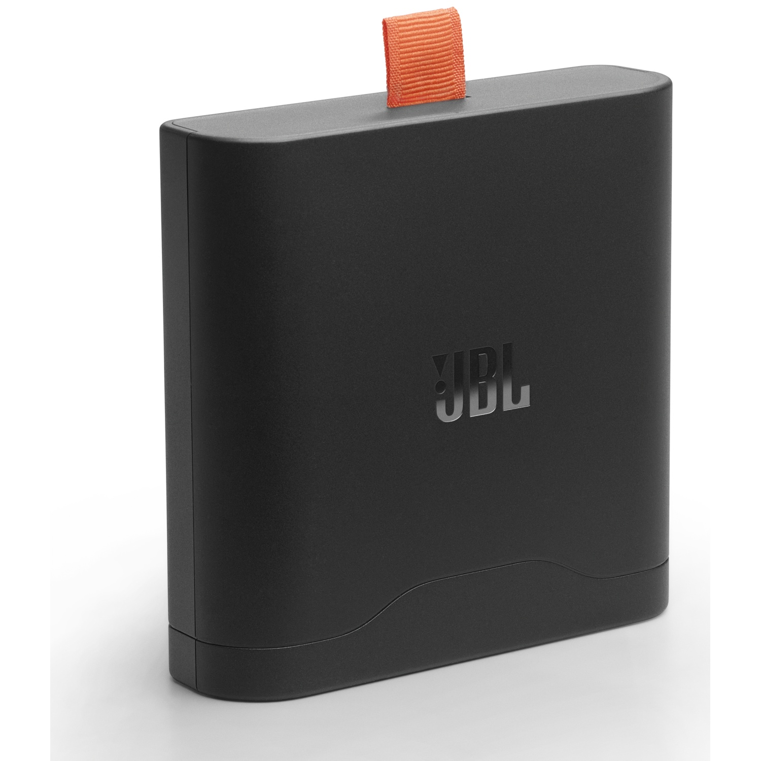 Zwarte JBL-luidspreker met oranje band. De luidspreker is rechthoekig met afgeronde hoeken.