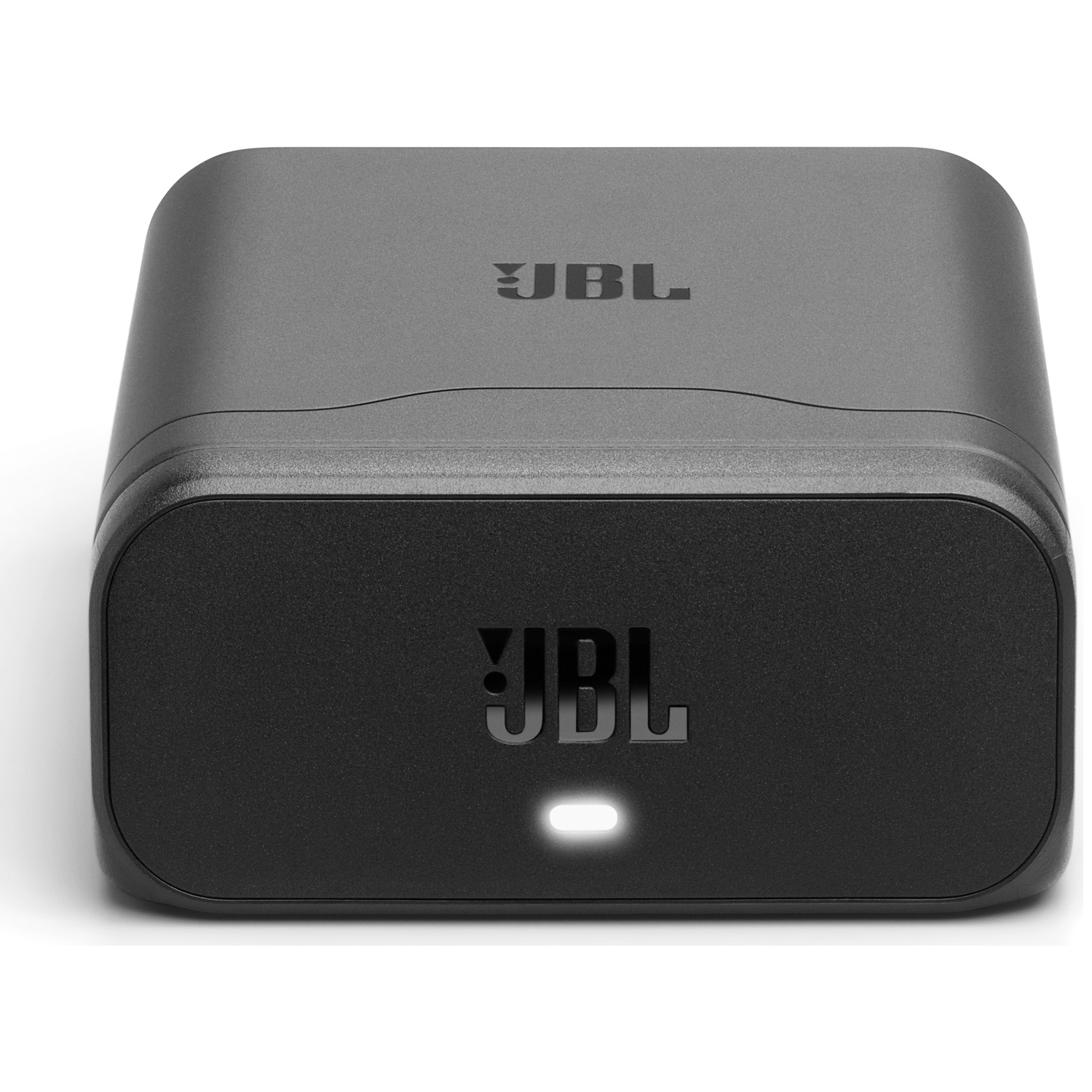 Een zwart JBL-apparaat met een helder wit licht. Het JBL-logo is zichtbaar op de boven- en voorkant. Het apparaat staat op een wit oppervlak.