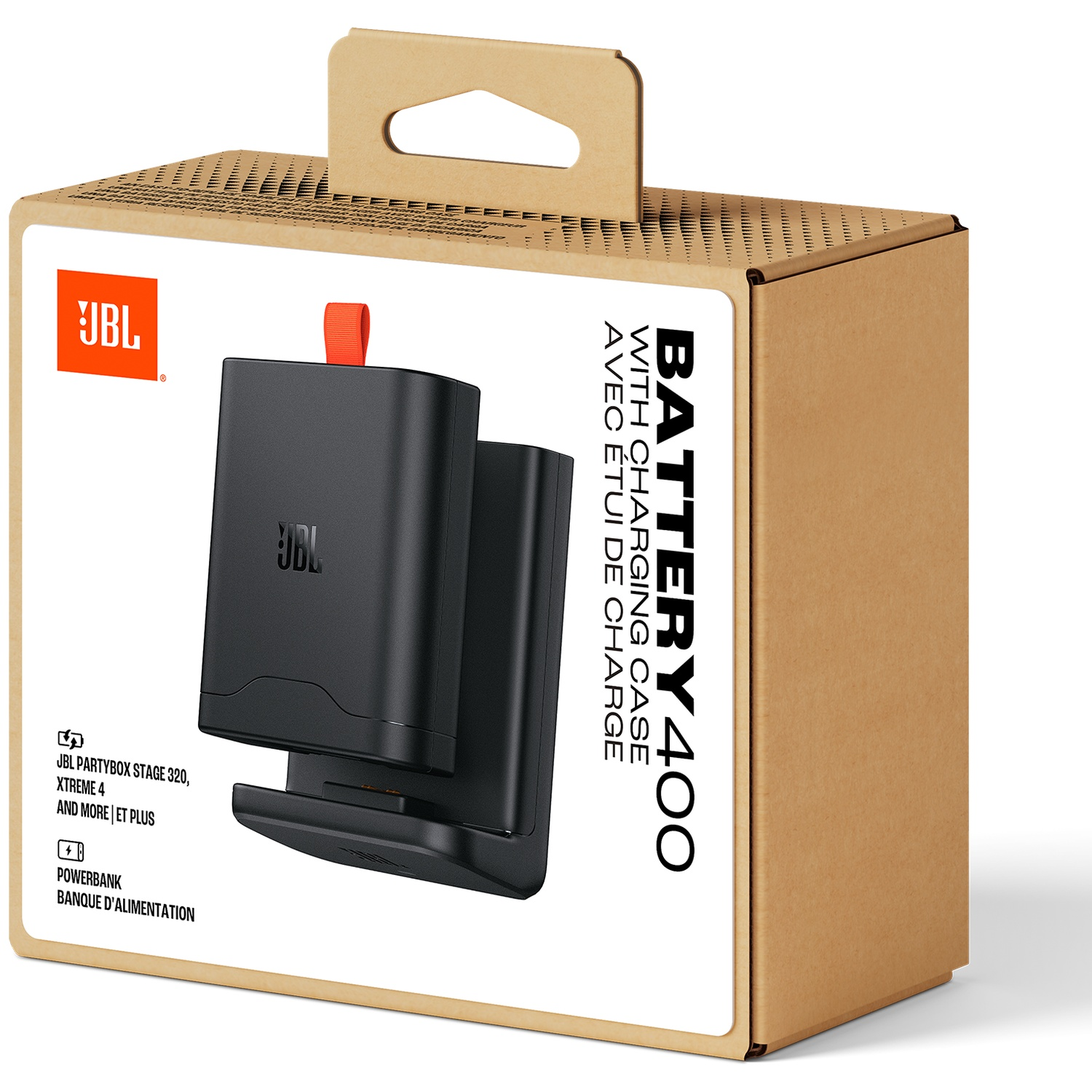 JBL Battery 400 productdoos. Zwart apparaat met oranje treklipje op een bruine kartonnen doos. Tekst bevat 'Battery 400' en 'JBL'.