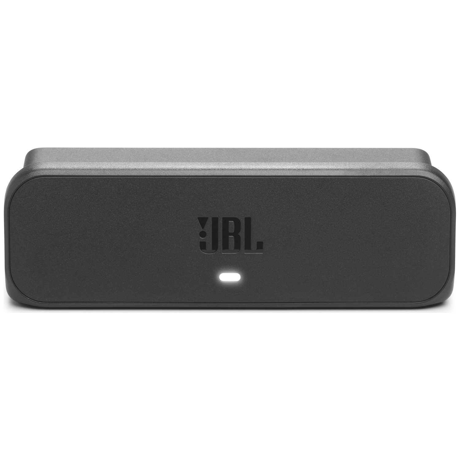 Een zwarte JBL-luidspreker op een witte achtergrond. De luidspreker heeft een verlichte aan/uit-knop en het JBL-logo.