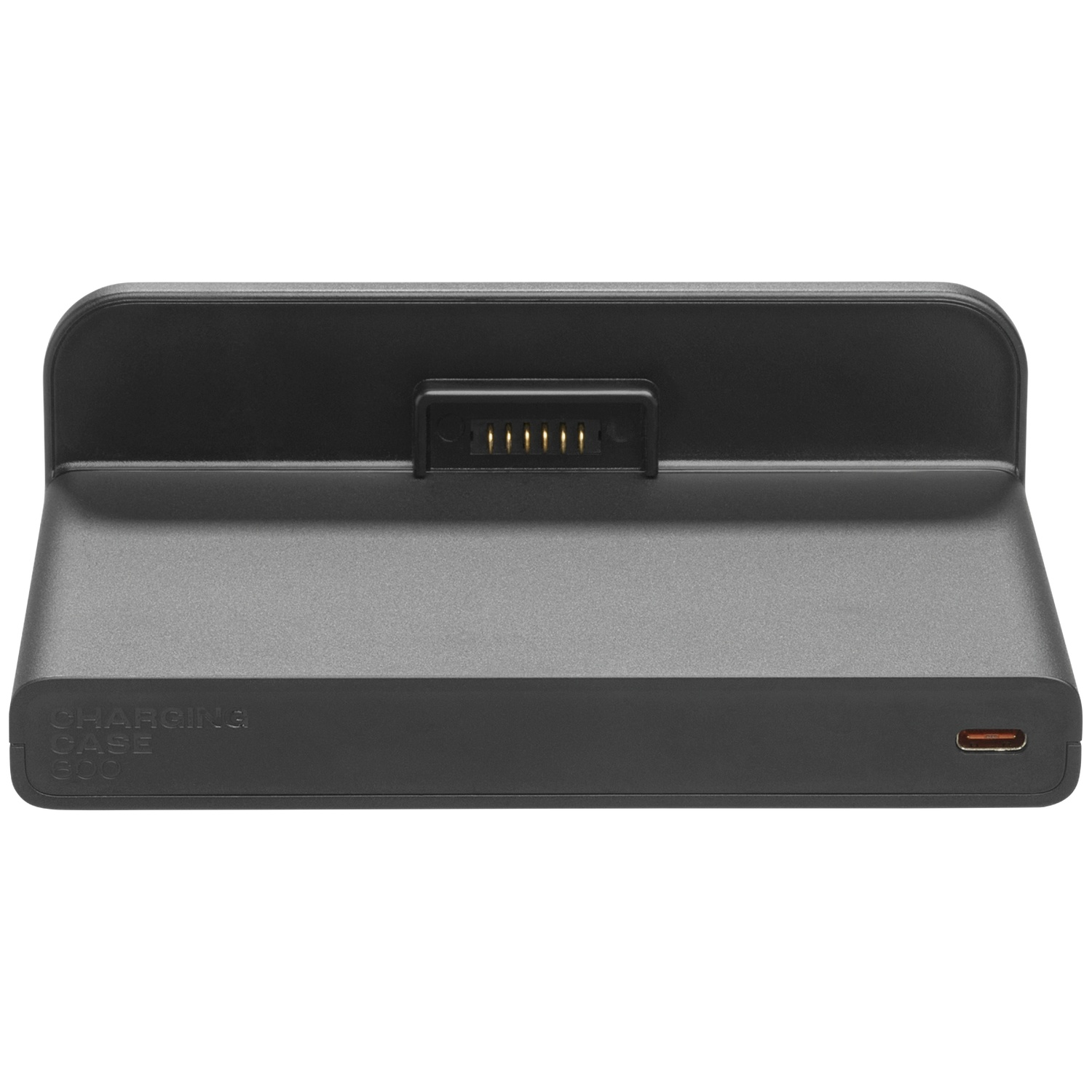 Een zwart oplaadstation. Het station heeft een USB-C-poort en een connector. Er staat 'CHARGING CASE 600'.