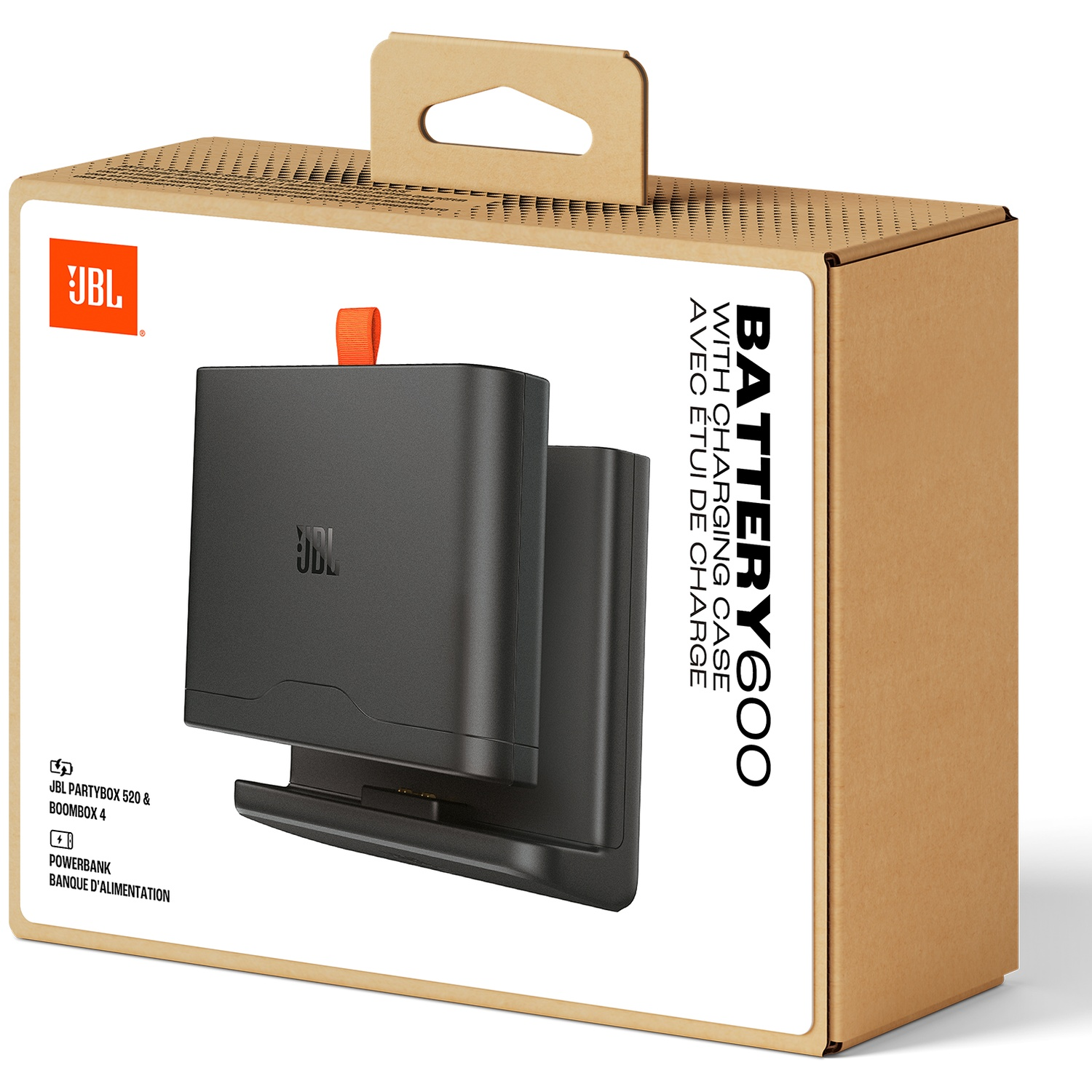Een JBL Battery600 oplaadcase doos. Het is bruin met een wit label met het product en logo.