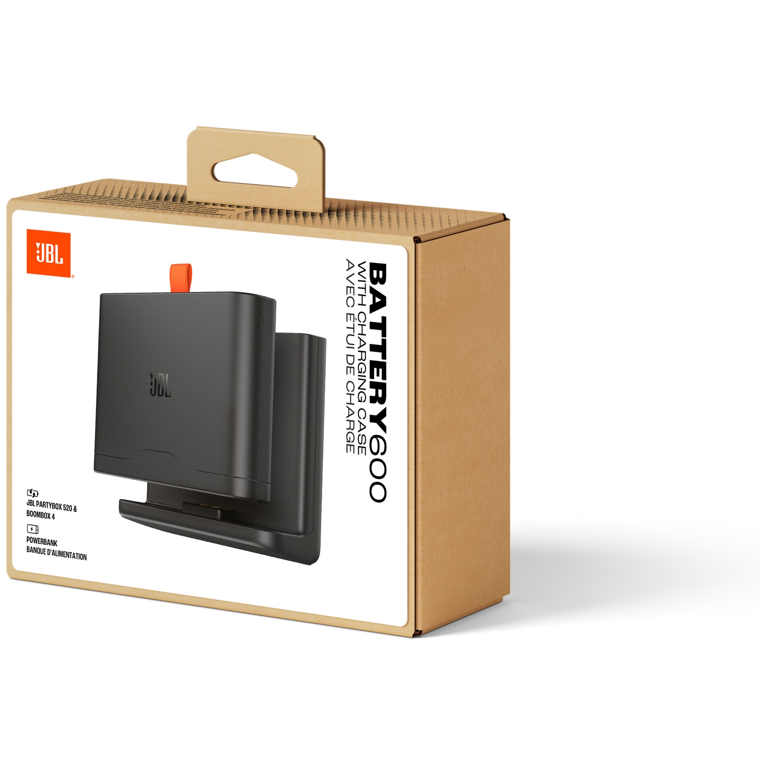 Een JBL Battery 600 productdoos met een zwarte oplaadcase. De doos is bruin en heeft het JBL-logo. Tekst: MET OPLAADCASE.