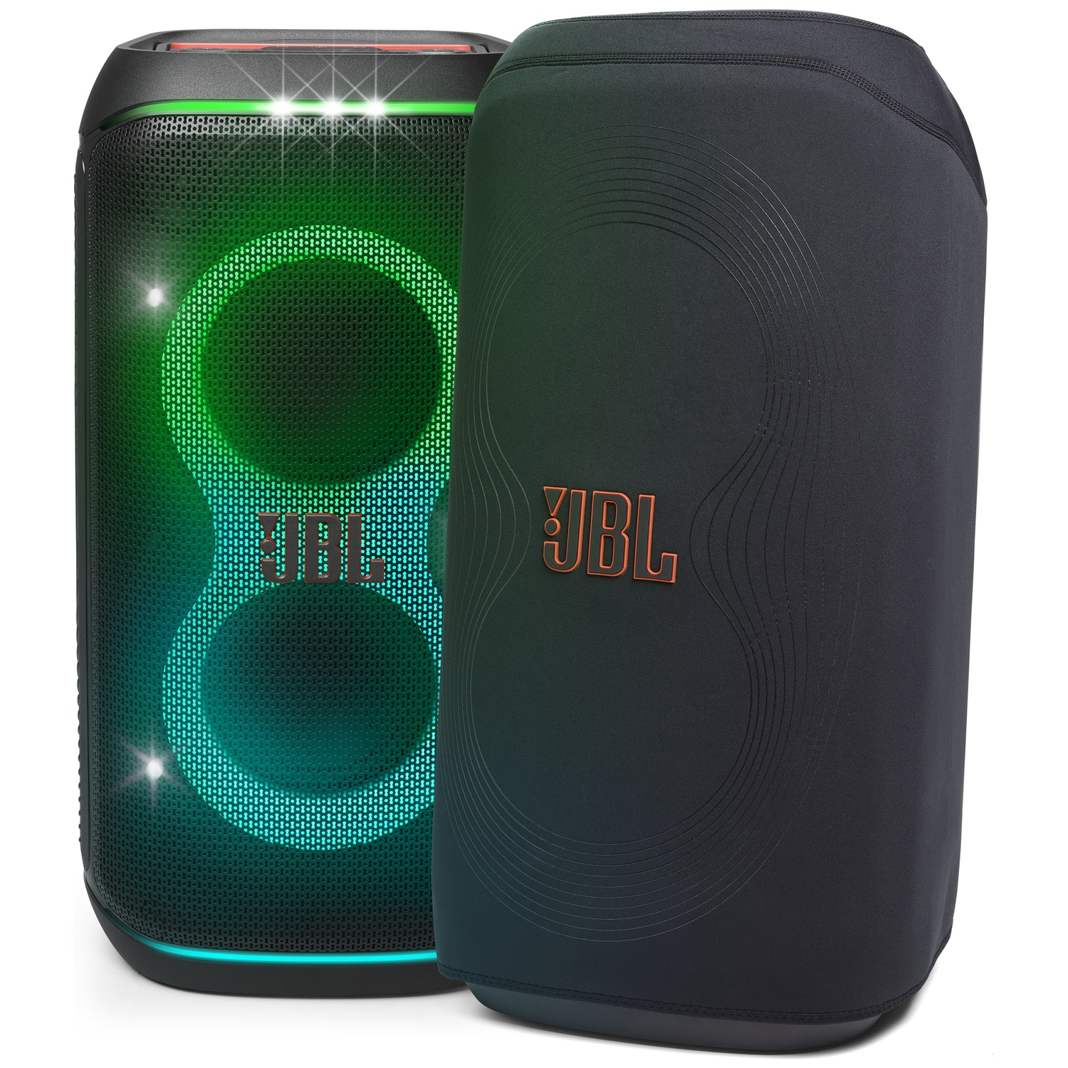 JBL-luidspreker met groene en blauwe lichten. Een zwarte hoes aan de rechterkant. Het JBL-logo is zichtbaar.