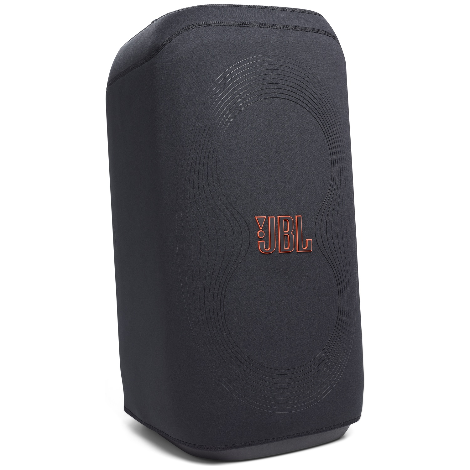 Een zwarte JBL luidsprekerhoes met oranje JBL logo en gebogen ontwerpdetails. Geïsoleerd op witte achtergrond. Strak en modern uiterlijk.