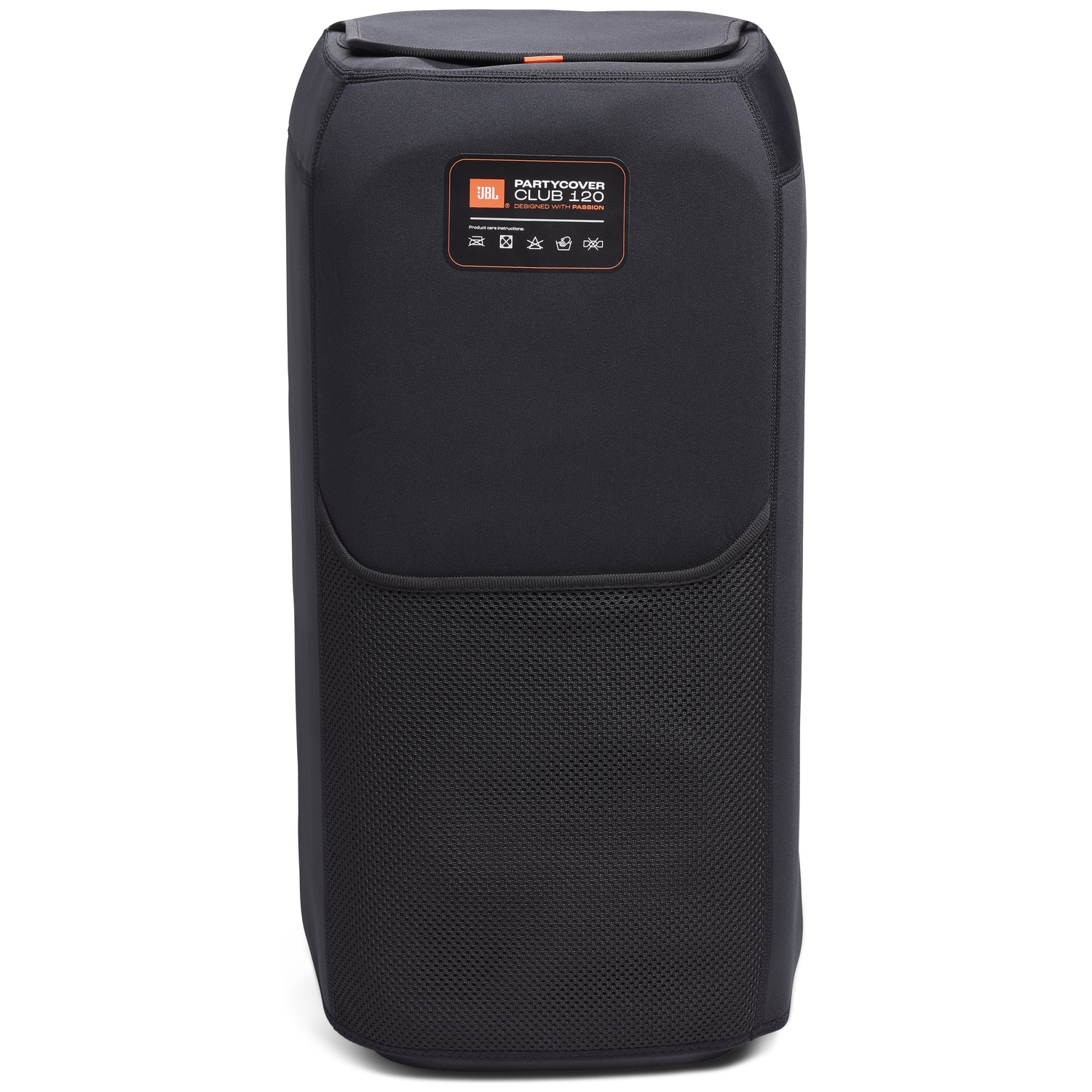 Zwarte JBL PartyCover Club 120 speakerhoes. Voorzien van een mesh-vak, oranje logo en verzorgingsinstructies. Zwarte achtergrond.