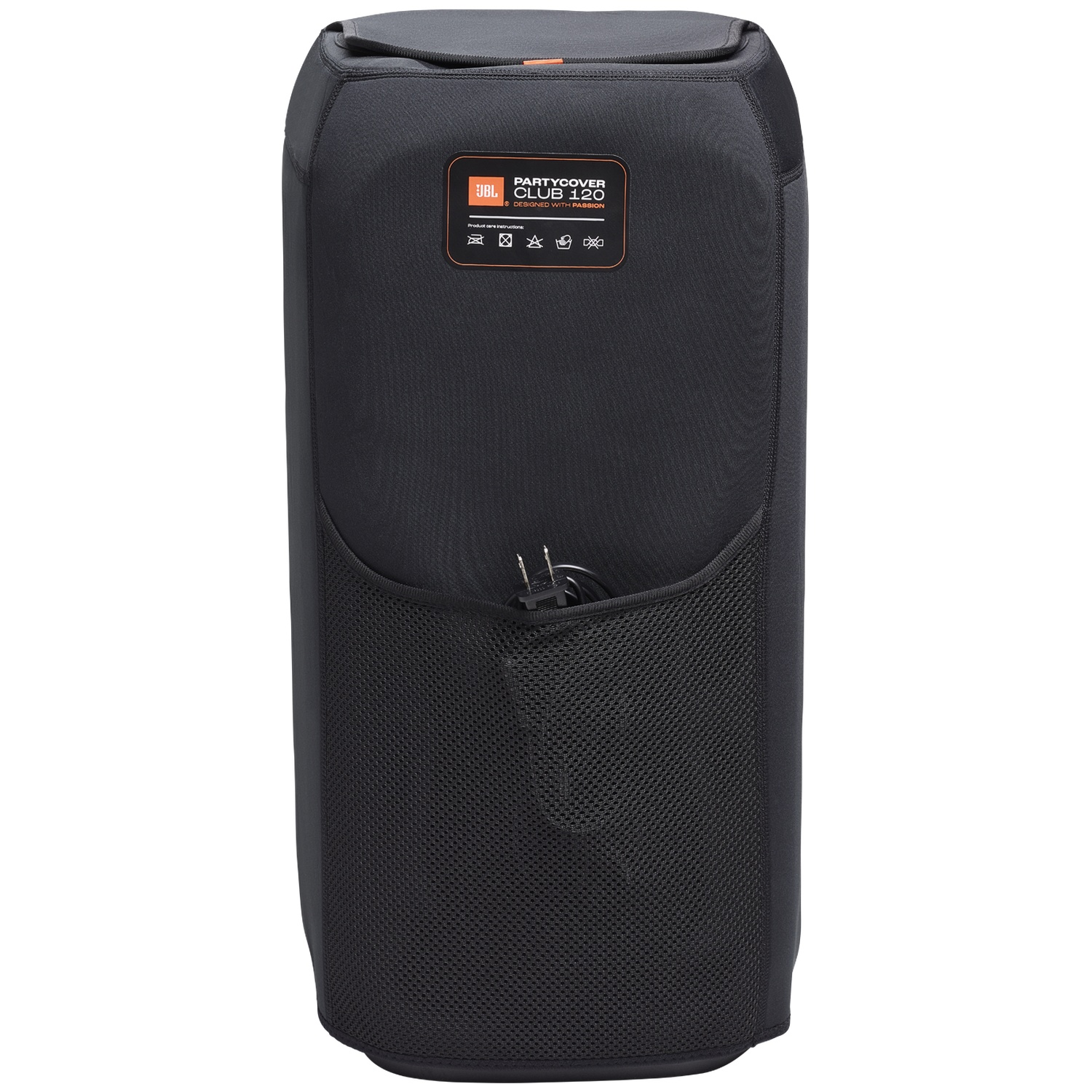 Een zwarte luidsprekerhoes met een mesh zak en het JBL-logo. Een stroomkabel is zichtbaar in de zak. De hoes is cilindrisch.