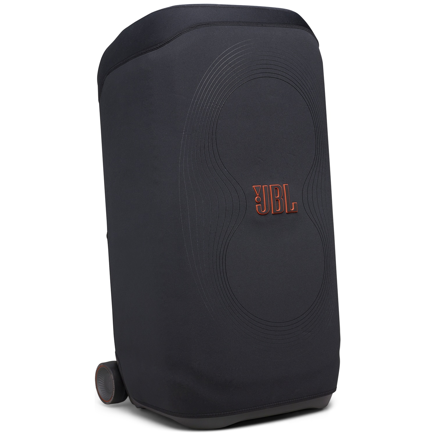 Een zwarte JBL-luidspreker op een witte achtergrond. Het heeft een cilindrisch ontwerp met het JBL-logo in oranje.