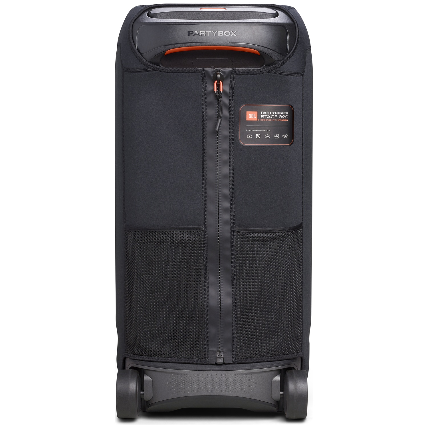 Een zwarte JBL PartyBox-luidspreker met een hoes. Het heeft een rits aan de voorkant en wielen aan de onderkant. De hoes heeft een logo.