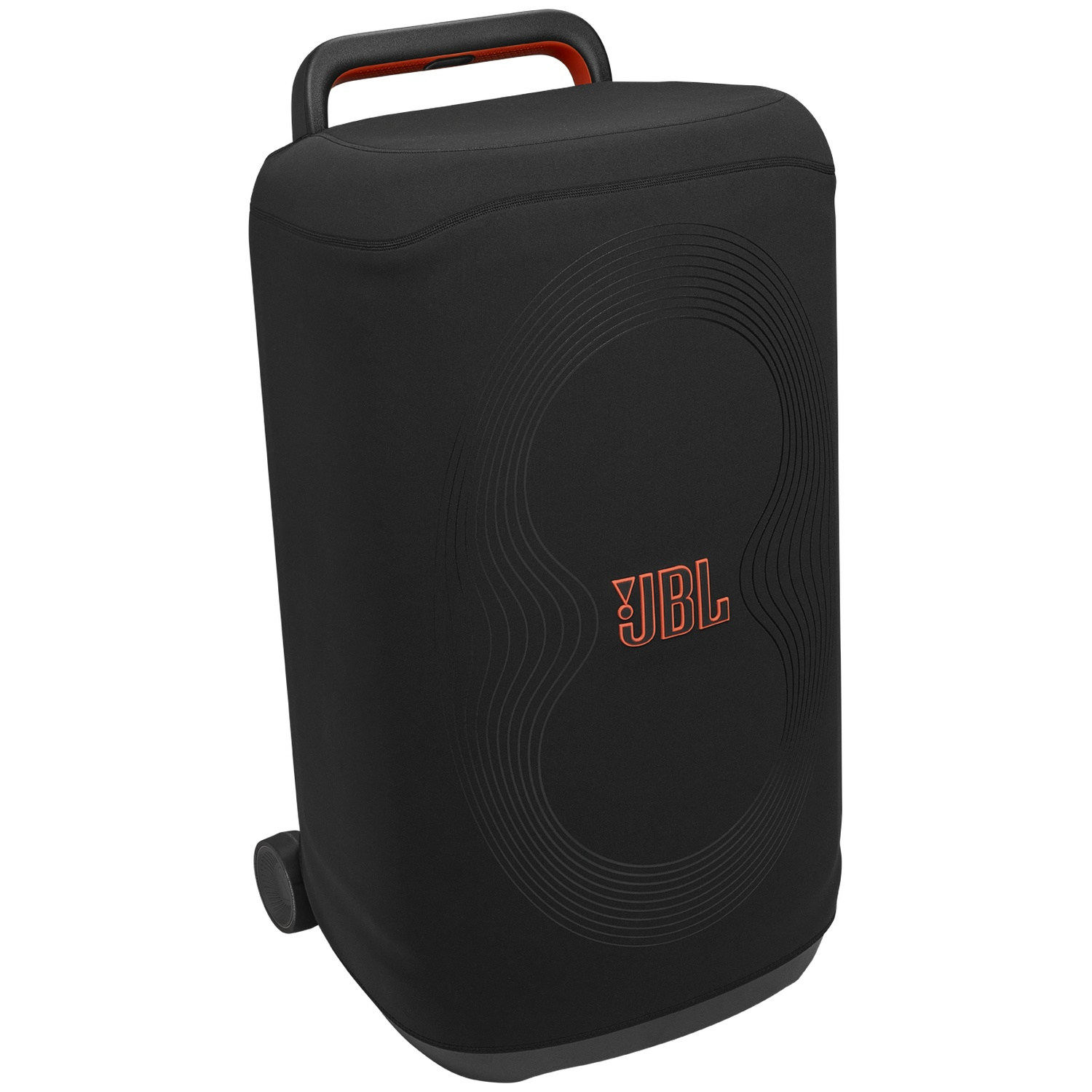 Een zwarte JBL-luidspreker met een oranje handvat. Het heeft een cirkelvormig ontwerp aan de voorkant en een logo in oranje. De luidspreker staat op een witte achtergrond.