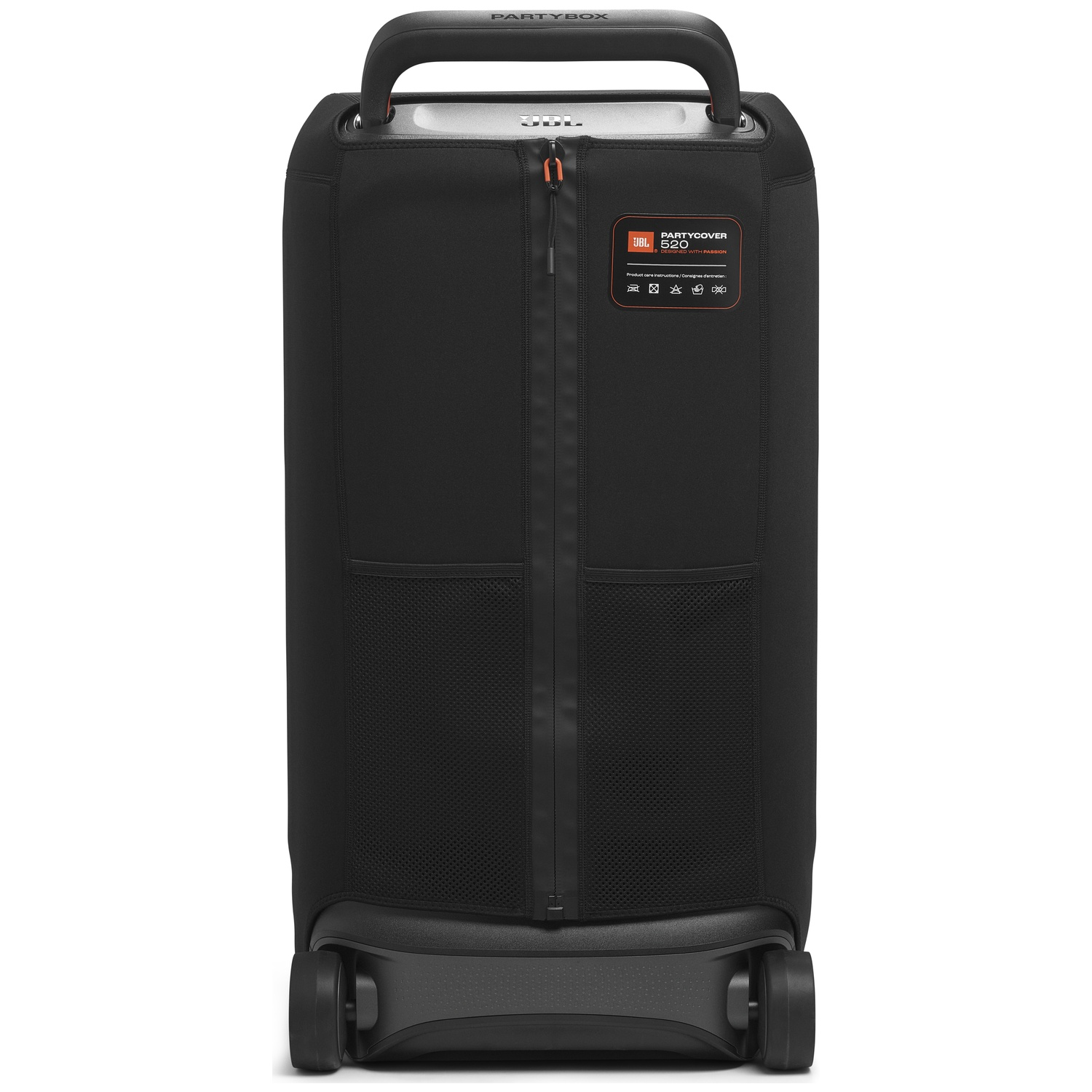 Zwarte JBL Party Cover 520 speaker. Het heeft een handvat, wielen en een rits. De hoes beschermt de speaker.