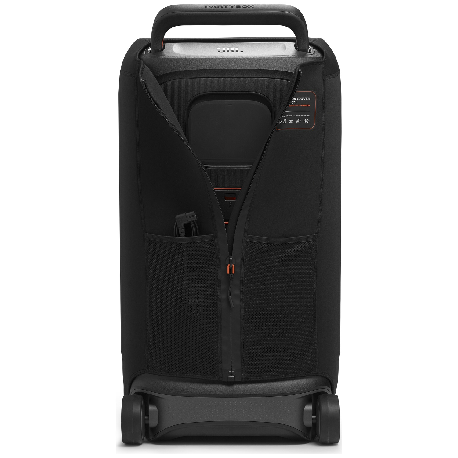 Zwarte JBL Partybox-luidspreker met een rits. Hij heeft een handvat, wielen en een mesh-vak. De luidspreker staat op een witte achtergrond.