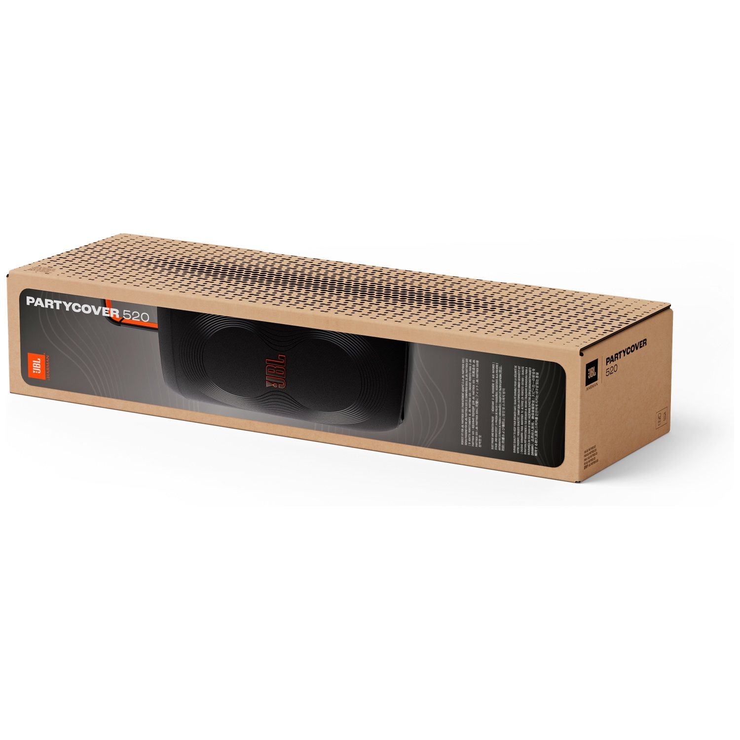 Een JBL PartyCover 520 luidsprekerbox. Het is een bruine kartonnen doos met de luidspreker zichtbaar door een venster.