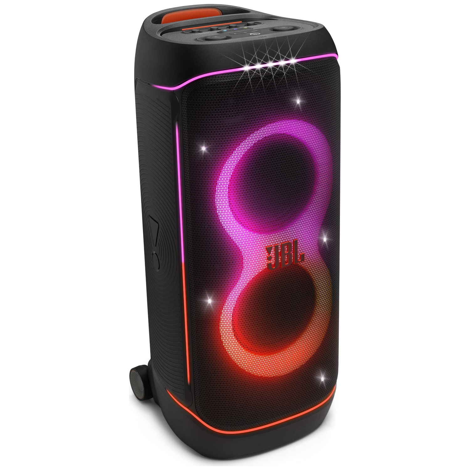 Zwarte JBL-luidspreker met roze en oranje gloeiende lichten. Het heeft een handvat en bedieningselementen.
