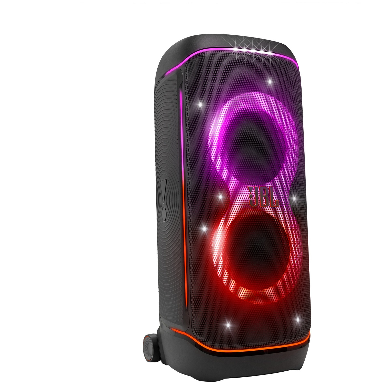 Een zwarte JBL-luidspreker met kleurrijke lichten. Het heeft een mesh voorkant met een gloeiend rood en paars cirkelontwerp. Sterren ook zichtbaar.