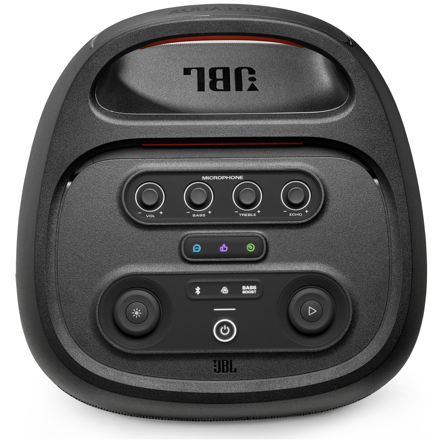 Zwarte JBL PartyBox speaker. Het heeft volume, bas, treble, echo bediening, aan/uit knop en bas boost. Het JBL logo is zichtbaar.