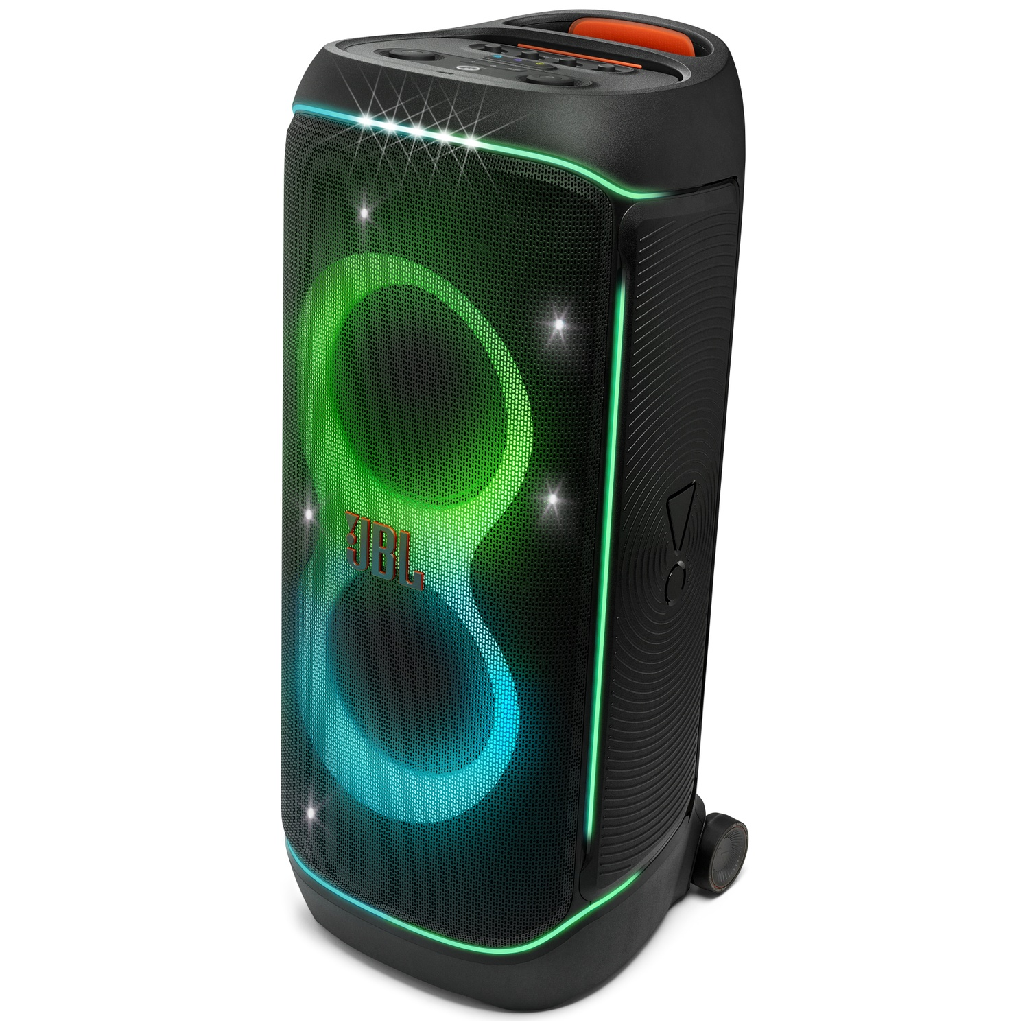 Zwarte JBL-luidspreker met groen en blauw licht. Hij heeft een oranje handvat en een wiel voor transport.