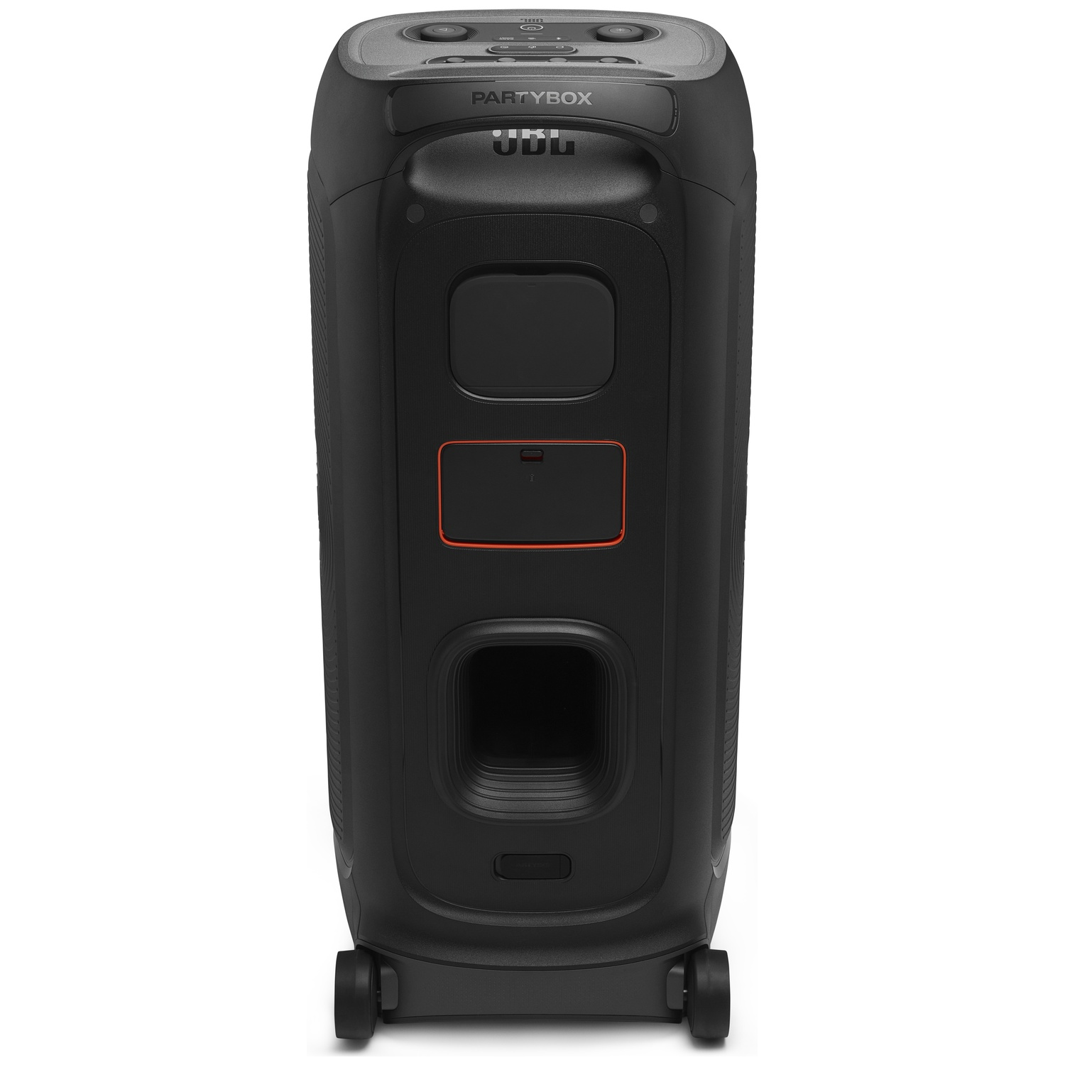 Zwarte JBL PartyBox-luidspreker. Hij heeft een handvat, een bedieningspaneel en wielen. De luidspreker is rechthoekig met afgeronde hoeken.