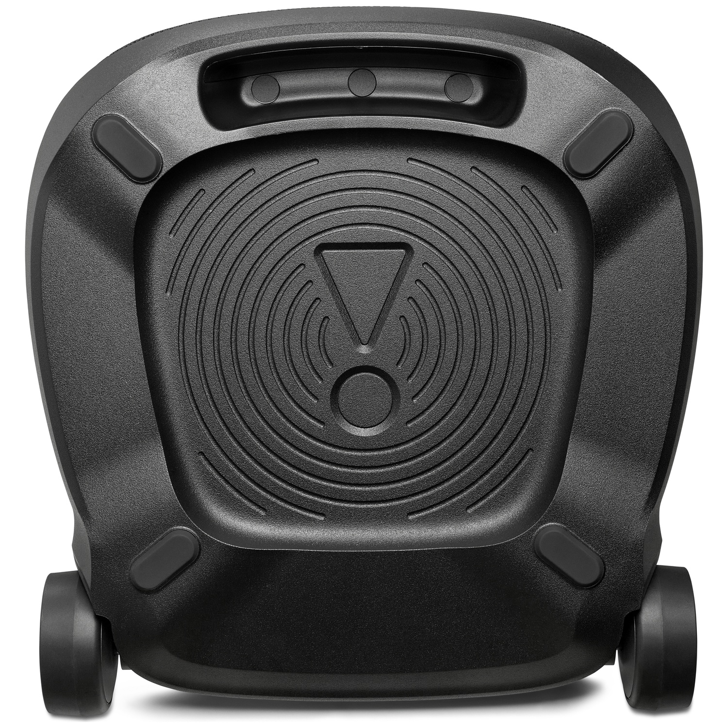 Zwarte luidsprekerbodem. Voorzien van een handvat, een cirkelvormig ontwerp met het JBL-logo, wielen en rubberen voetjes.