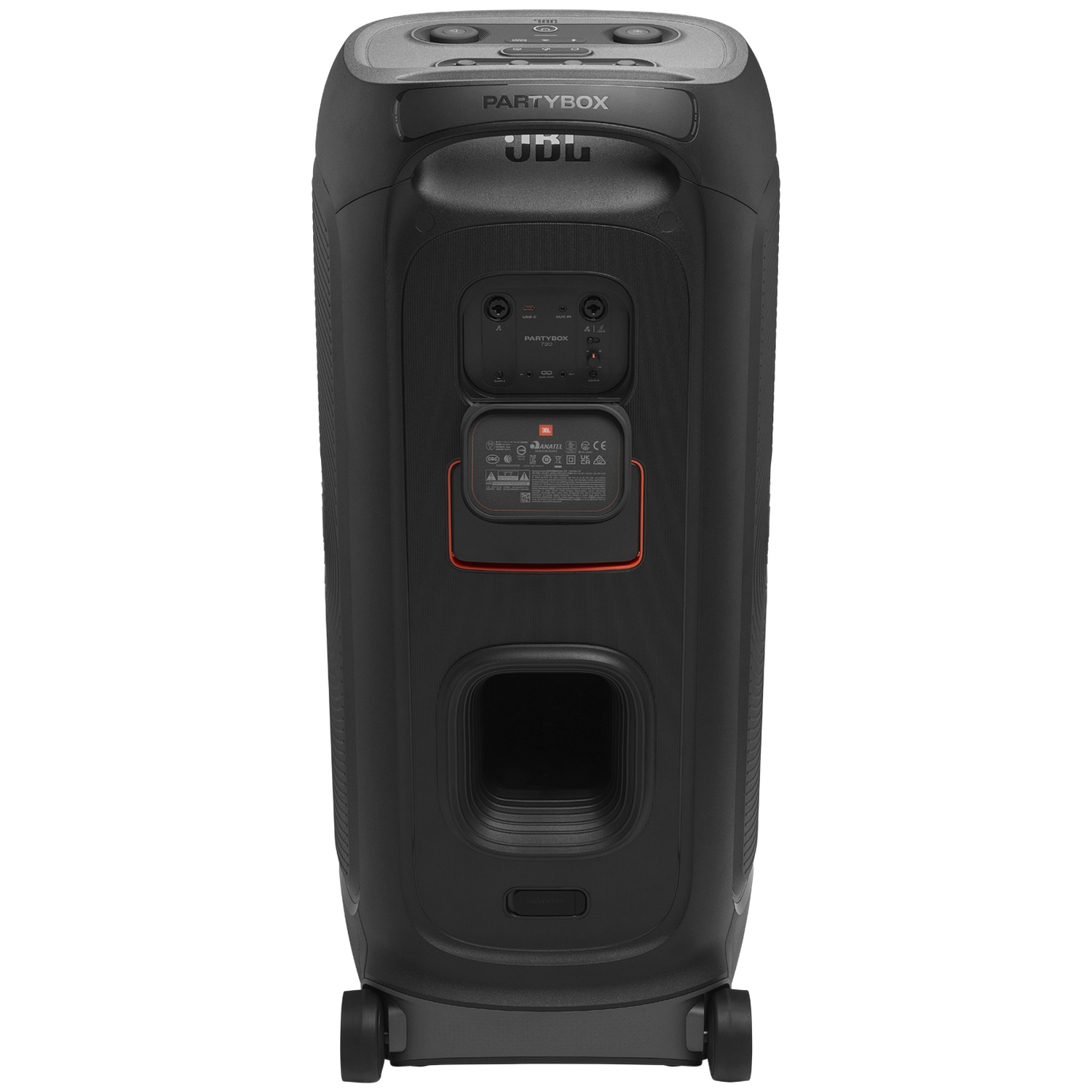 Zwarte JBL PartyBox-luidspreker. Het heeft een handvat, knoppen en poorten. Wielen aan de onderkant. Oranje accenten op de achterkant. JBL-logo.