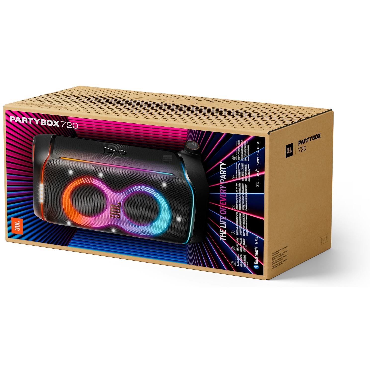 Een JBL Partybox 720-luidspreker in zijn doos. De doos is bruin, met de zichtbare luidspreker die oplicht met kleurrijke lichten.