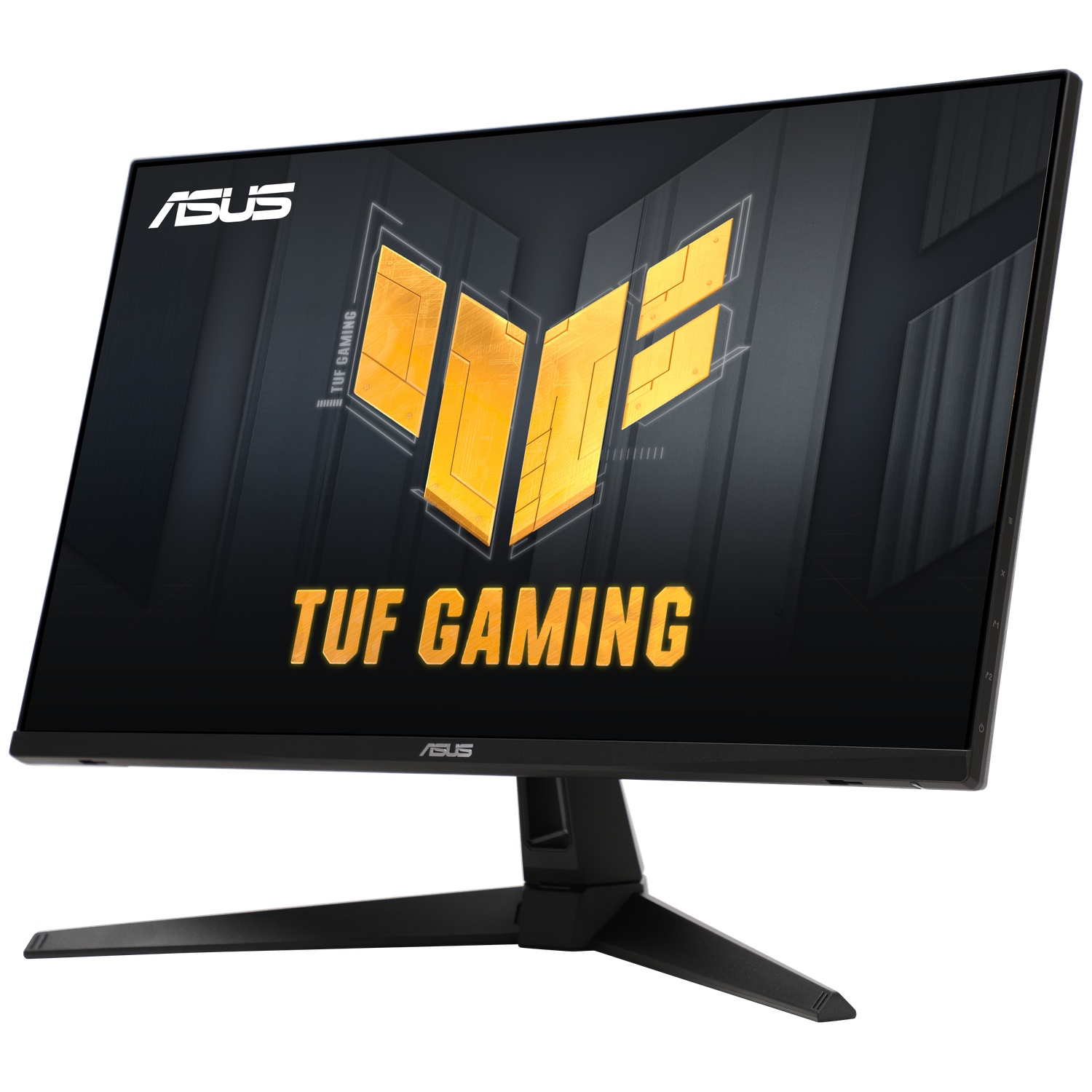 A black ASUS TUF gaming monitor. The screen displays a yellow logo and text. The monitor has a black stand.
