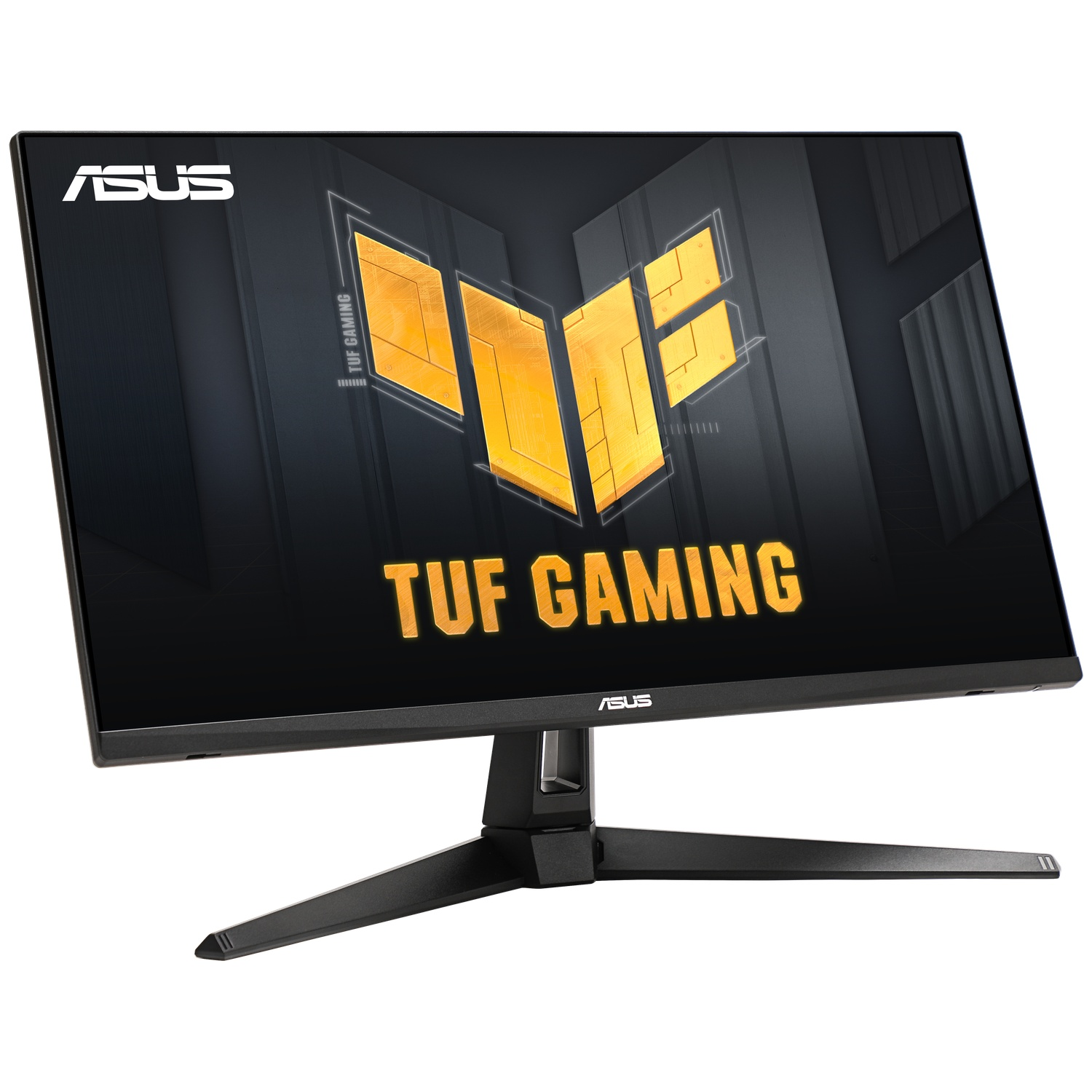 ASUS TUF Gaming monitor. Black frame, yellow logo and text. Angled view, white background.