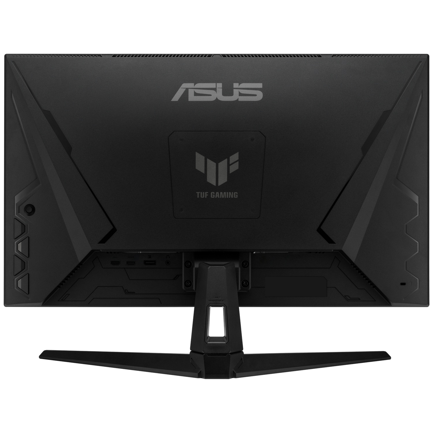 Black ASUS TUF Gaming monitor. The back shows the ASUS logo, TUF Gaming logo, and various ports. The stand is black.
