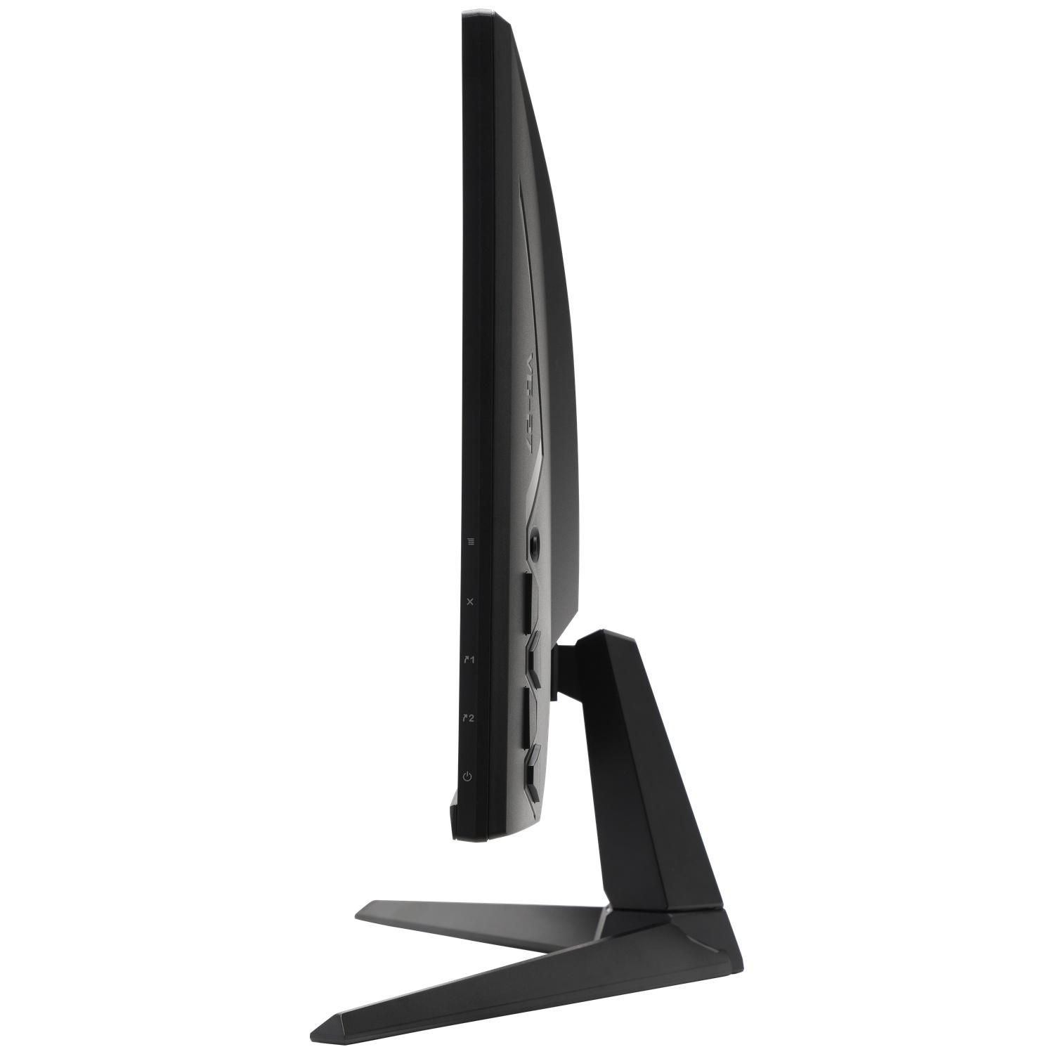 Side view of a black computer monitor. The screen is thin. The stand is black and V-shaped.