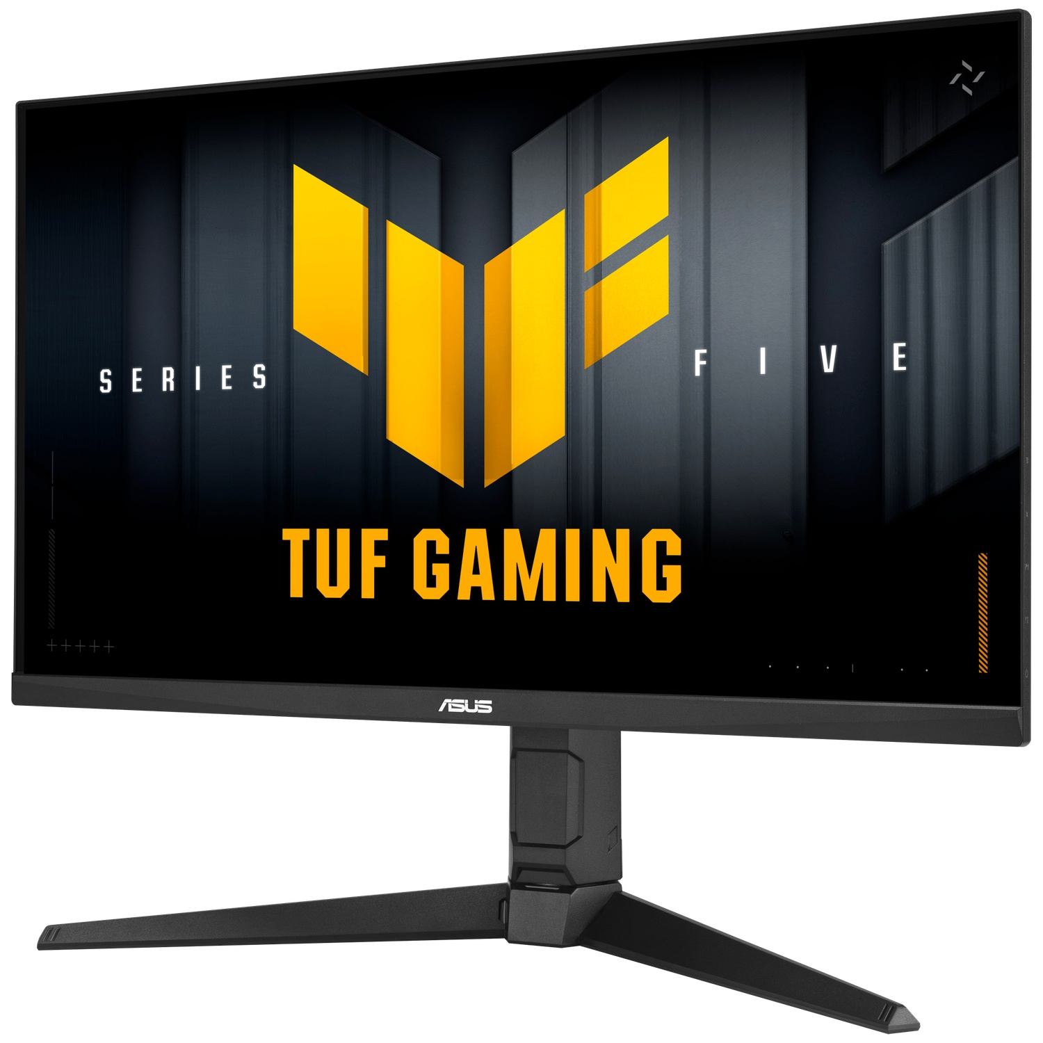 A black computer monitor with the words 'TUF GAMING' and an ASUS logo. The screen displays a yellow logo on a black background.