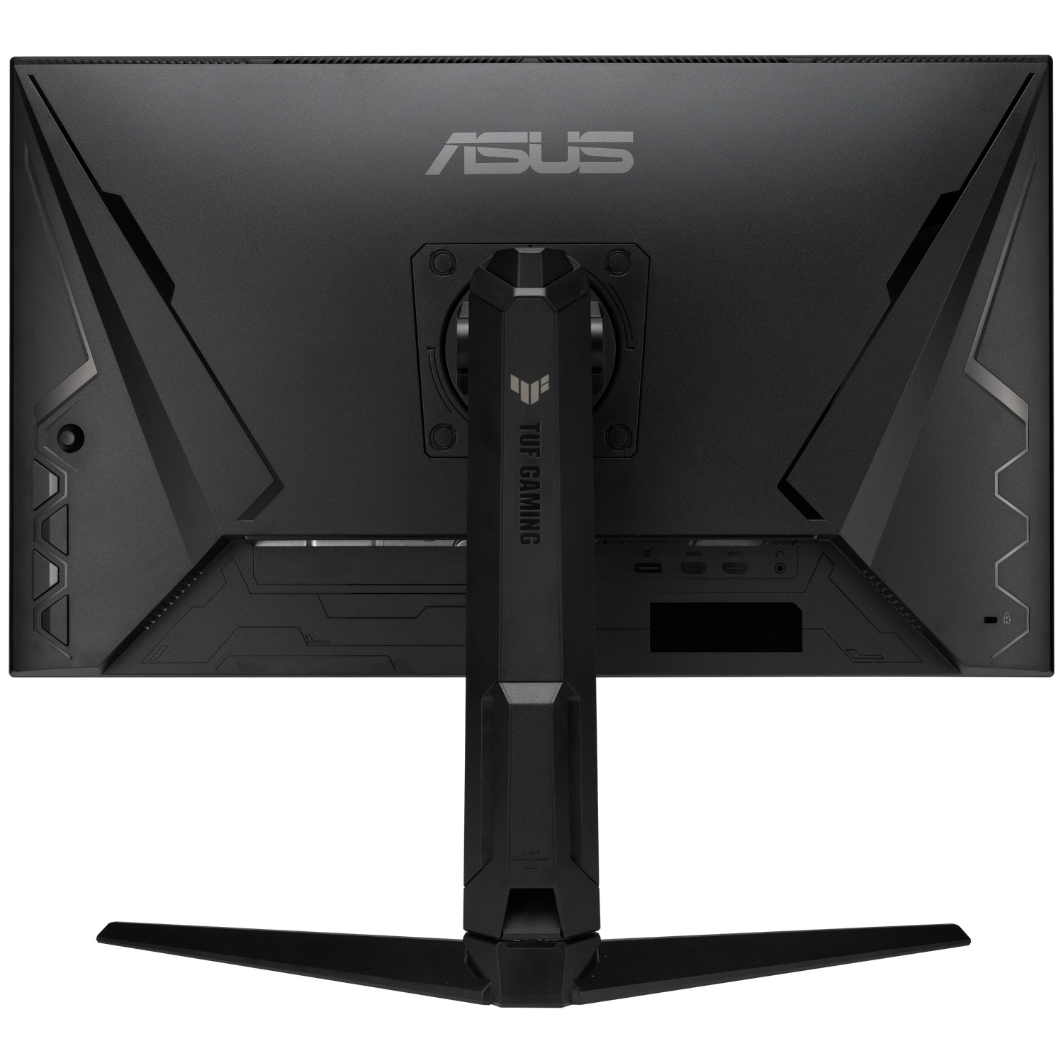 Black ASUS TUF gaming monitor back view. Features the ASUS and TUF logos, ports, and a stand for desk support.