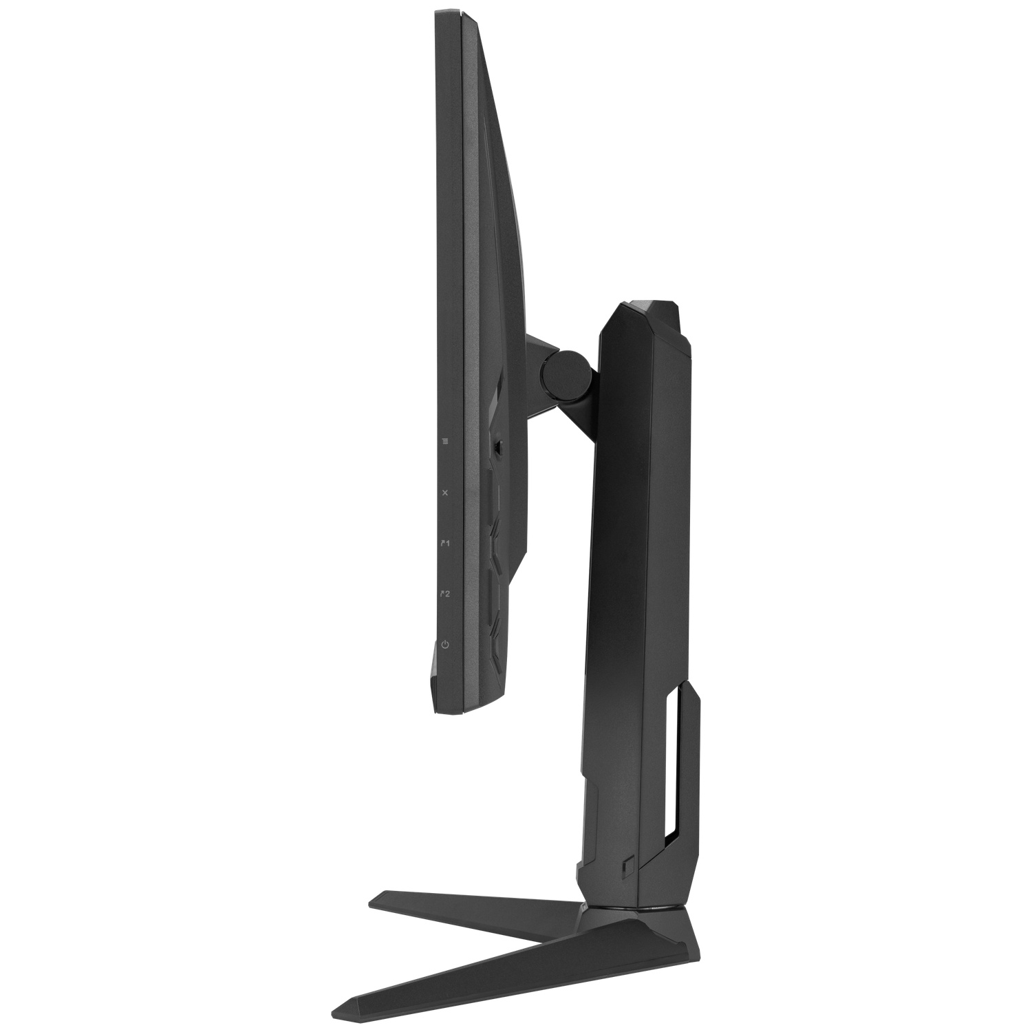 Side view of a black computer monitor, mounted on a stand. The screen is dark, and the stand is V-shaped.