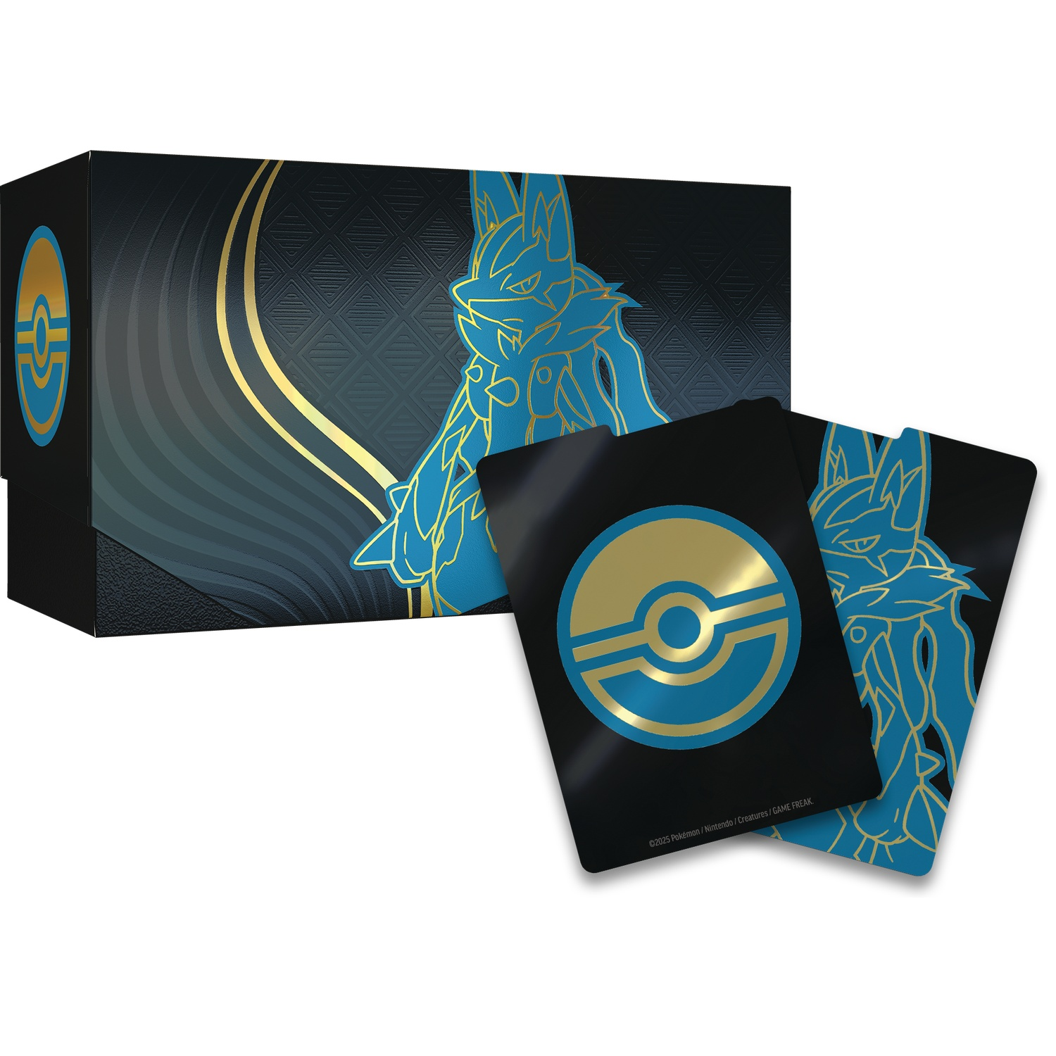 Pokemon card box and cards with blue and gold designs. Box has a blue and gold Pokemon design. Cards also have the same designs.