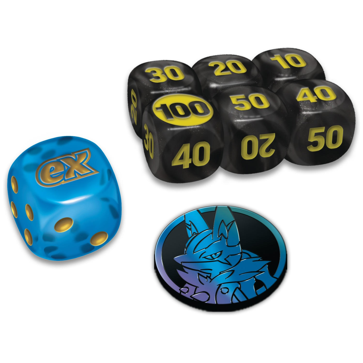 Image shows dice and a coin. Dice are black with yellow numbers. A blue die is on the left. The coin has a blue character on it.