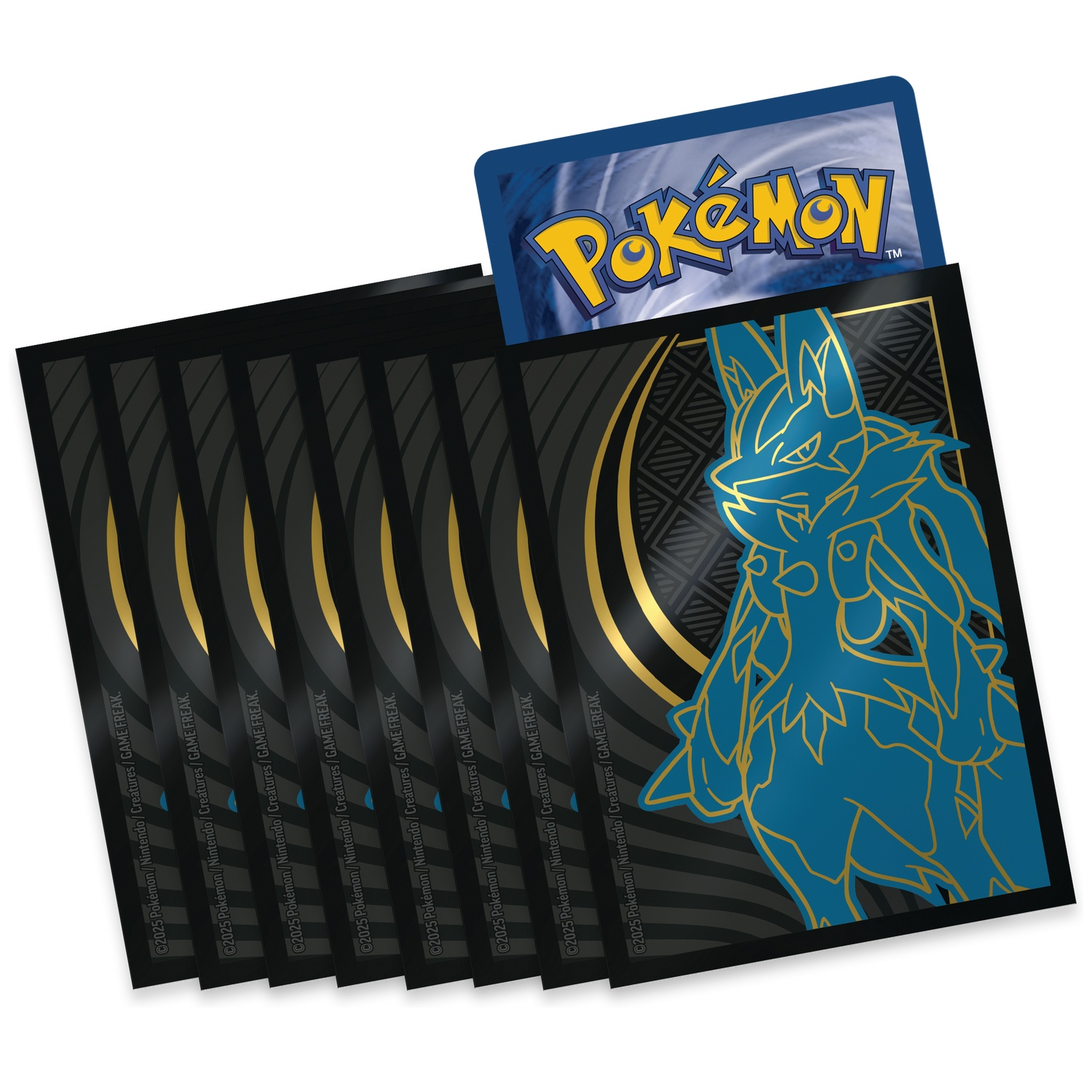 A stack of black and gold card sleeves with a blue Pokemon card. The sleeves feature a blue Lucario design on the front.