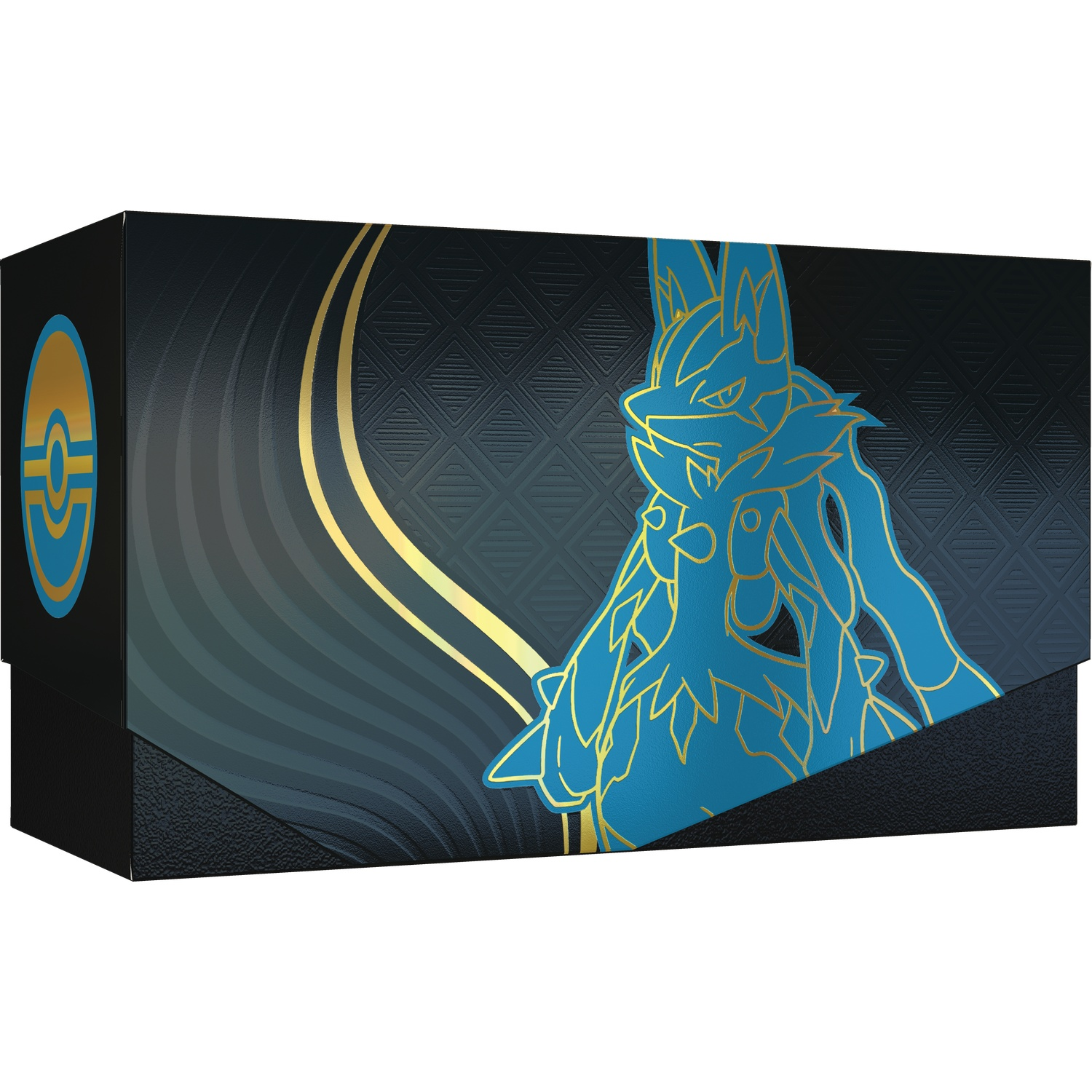 A black box with a blue and gold Lucario design and a Pokemon logo. The box has a textured pattern.