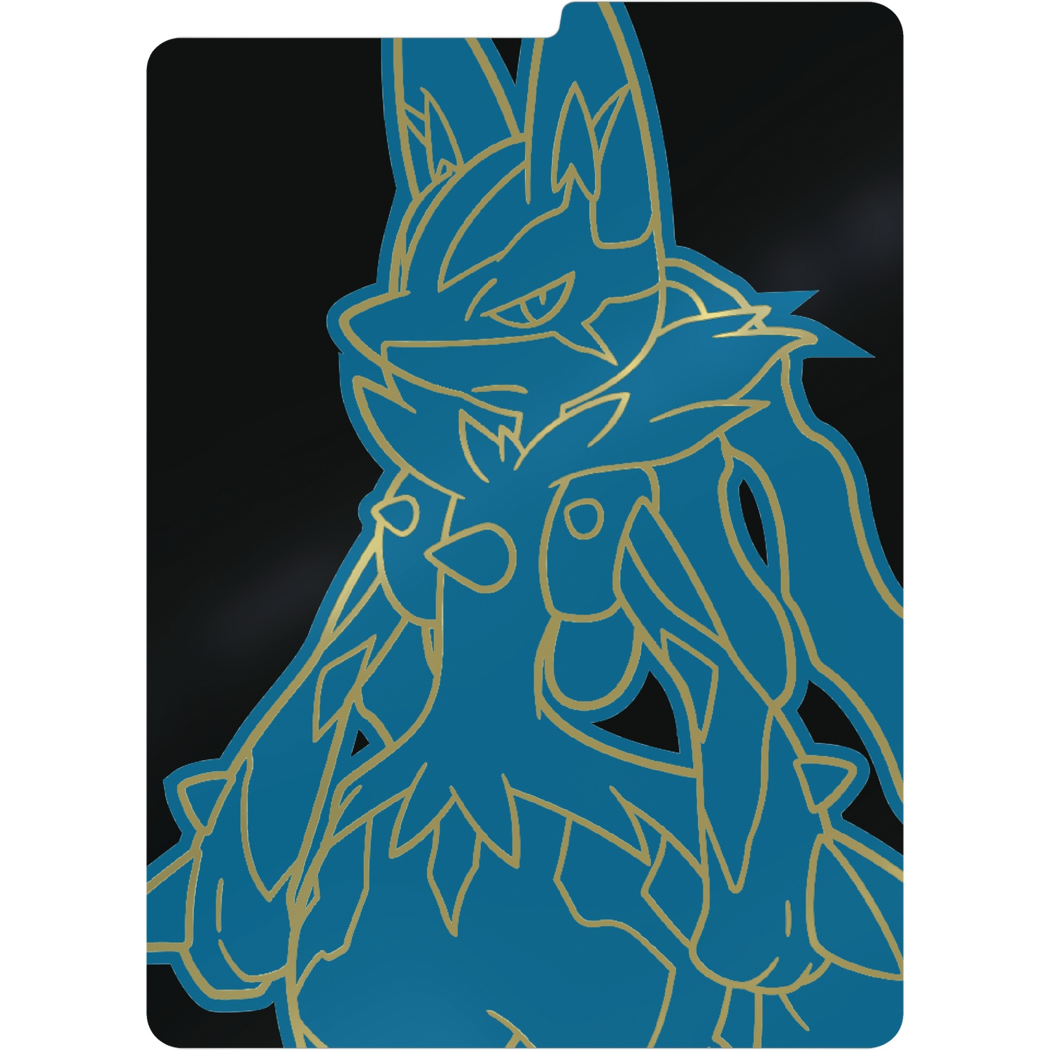 A blue and gold stylized image of a creature with a black background. Outlines in gold. The creature has pointed ears and a stern expression.