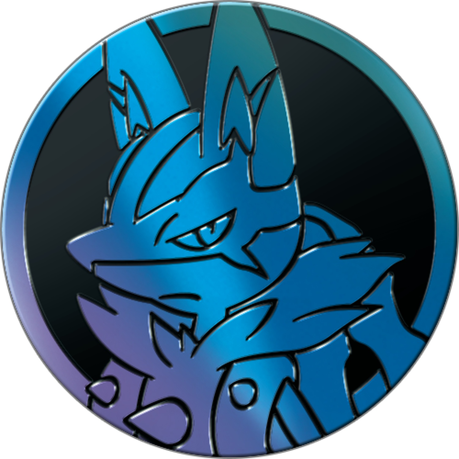 A blue Lucario coin. It has a gradient effect, with a dark background. The Lucario has a fierce expression.