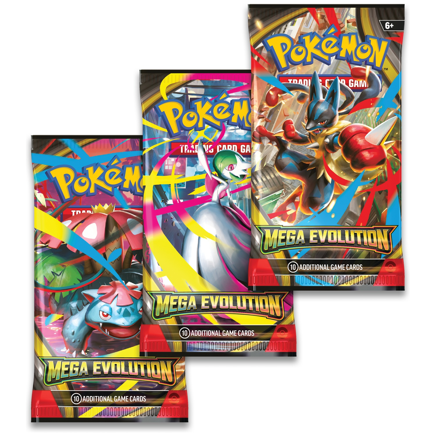 Three Pokemon card packs. Each features a different Pokemon and the words 'Mega Evolution'. Colorful backgrounds with text.