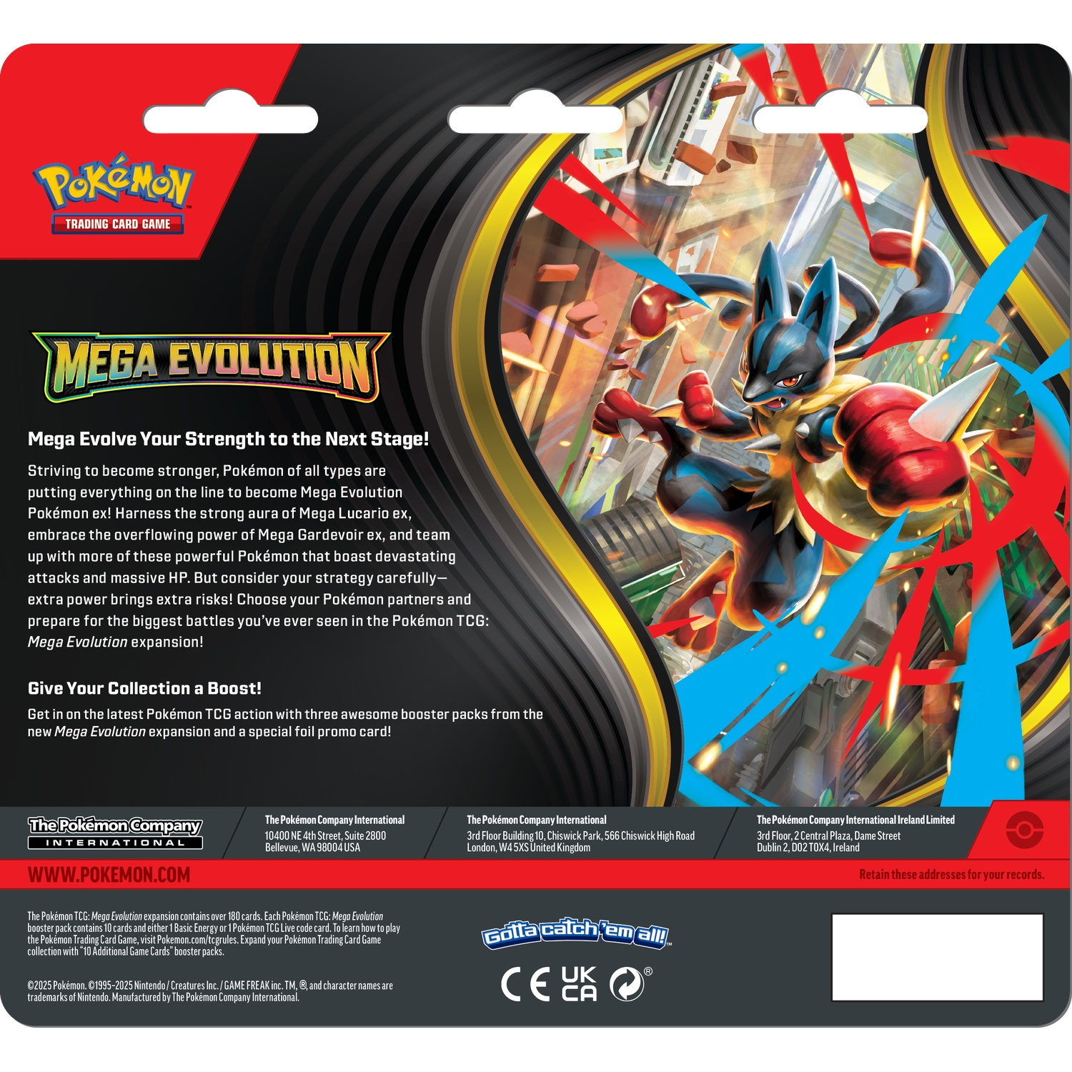 Back of a Pokémon TCG Mega Evolution booster pack. Features Lucario ex and text about the game.