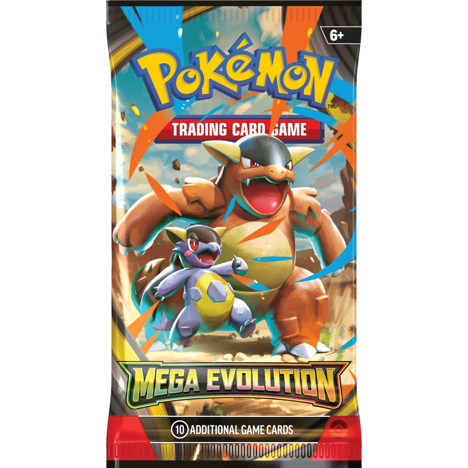 Pokemon trading card pack with Charizard and Squirtle. Includes 'Mega Evolution' and '10 additional game cards' text.