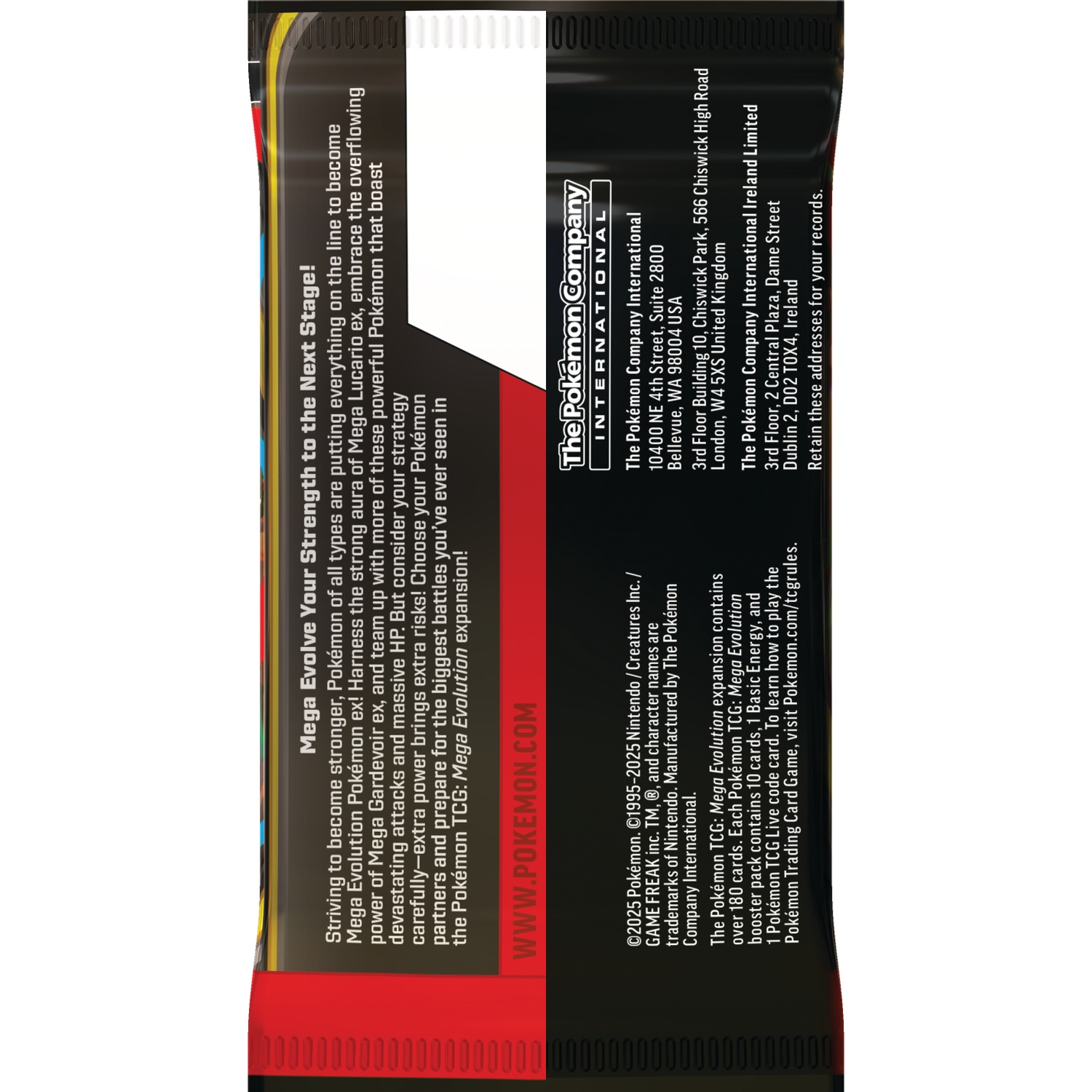 Pokemon card pack with text: 'Mega Evolve Your Strength'. Includes company logos, website, and address information.