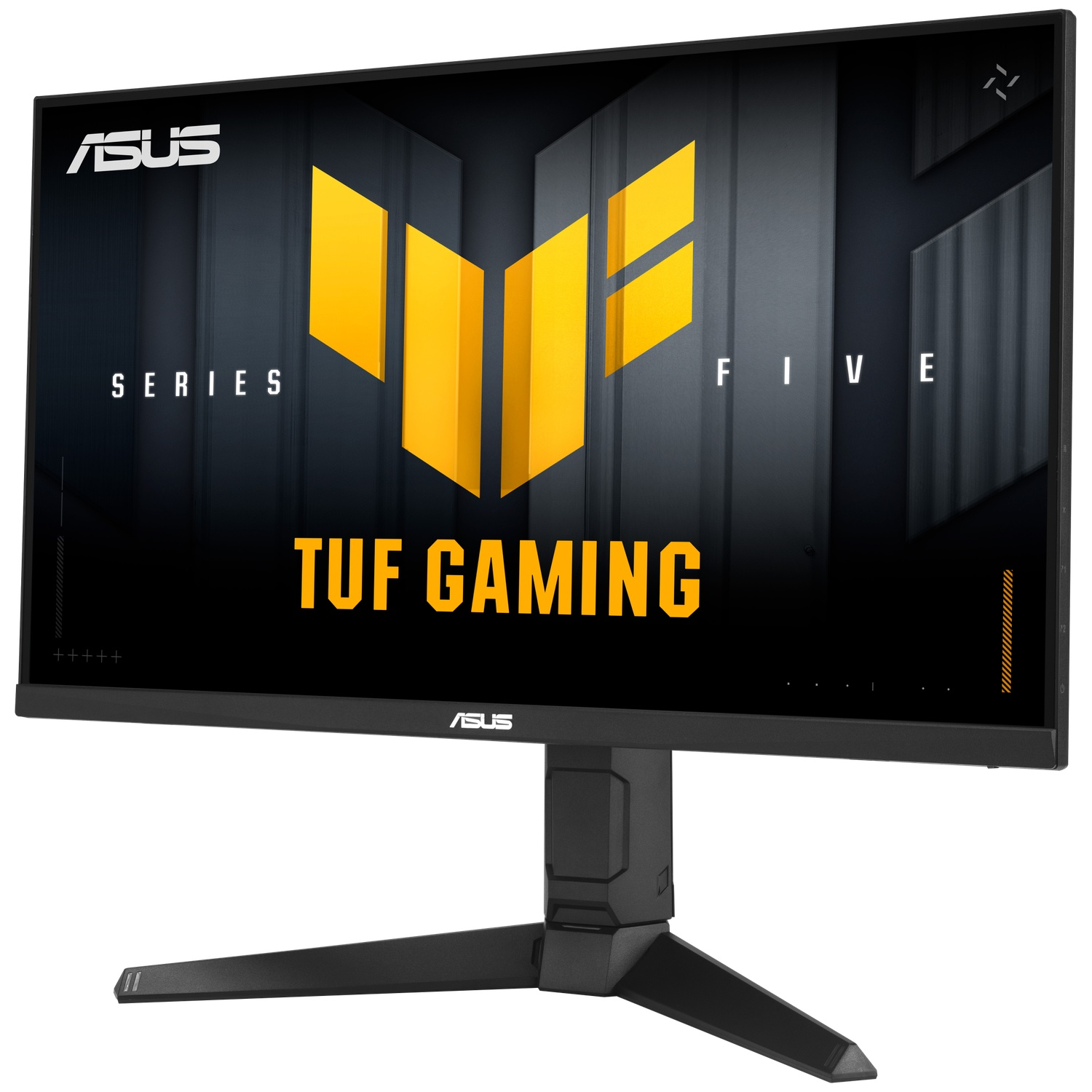 Écran ASUS TUF Gaming noir. L'écran affiche un logo et du texte jaunes sur fond sombre. Le moniteur est sur un support noir.