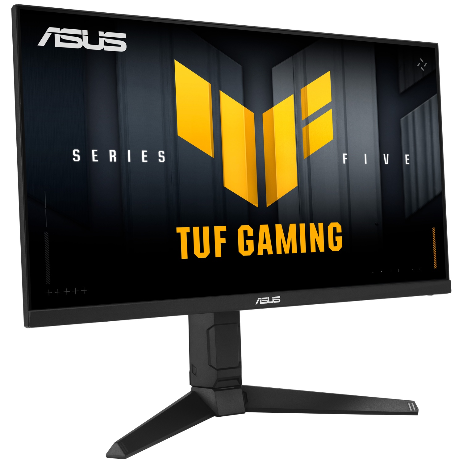 Un écran de jeu ASUS TUF. L'écran affiche le logo TUF et d'autres détails. Il est noir et jaune avec un support noir.